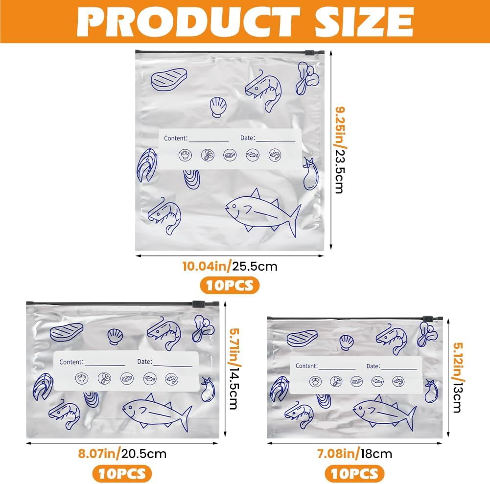 30PCS Aluminum Storage Bags For Freezer, Reusable Thicken Foil Vacuum-Seal Pouches with Label and Zip Lock for Food - Image 4