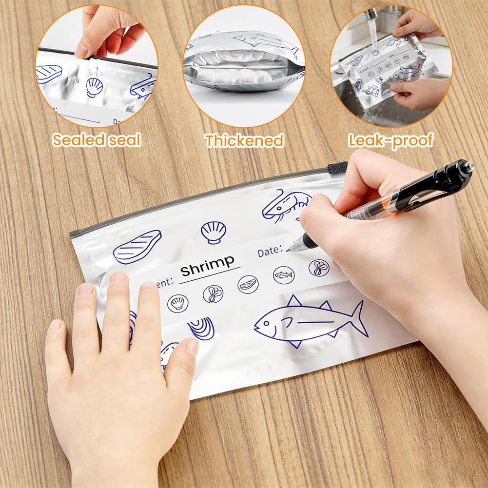 30PCS Aluminum Storage Bags For Freezer, Reusable Thicken Foil Vacuum-Seal Pouches with Label and Zip Lock for Food - Image 6