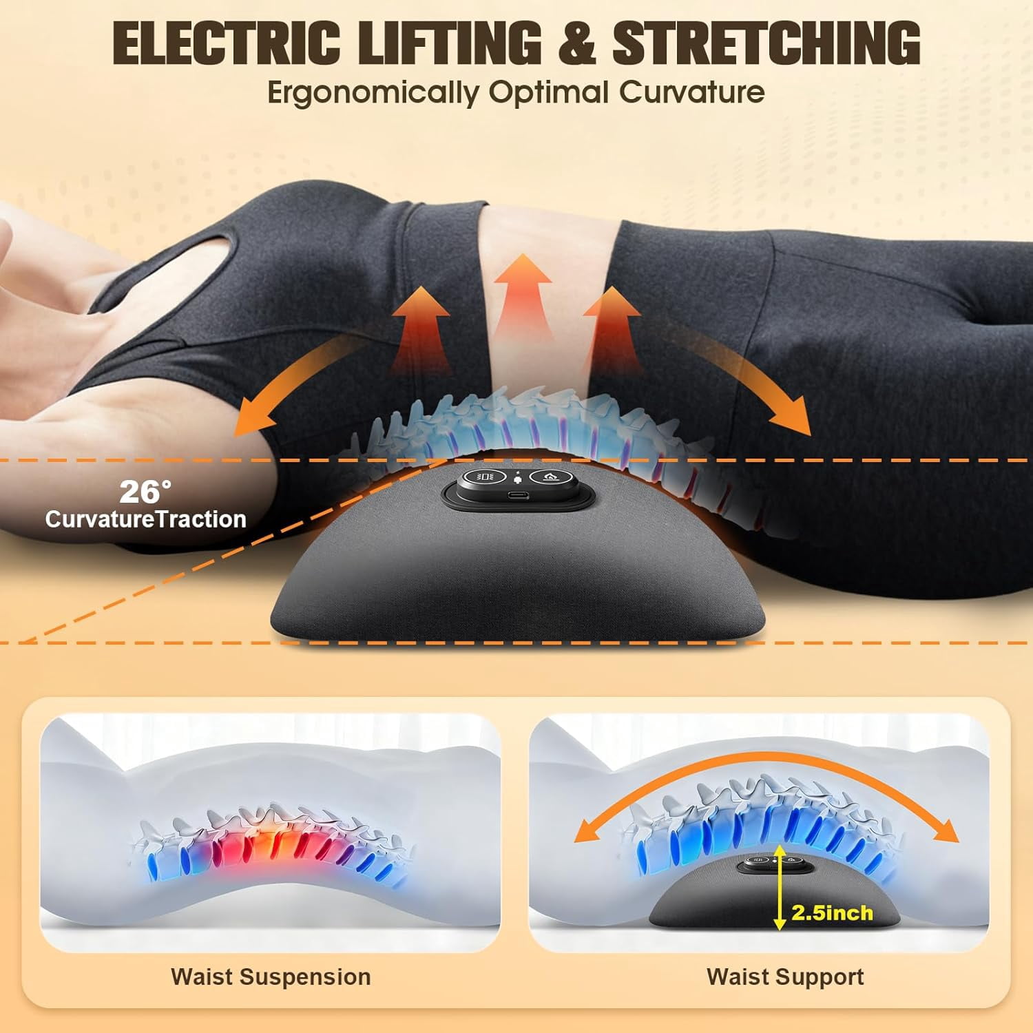 3 in 1 Back Massager, Electric Lumbar Support Pillow with Heating, Vibration & Traction Functions for Back Stretching, Relieves Lower Back Pain - Image 7