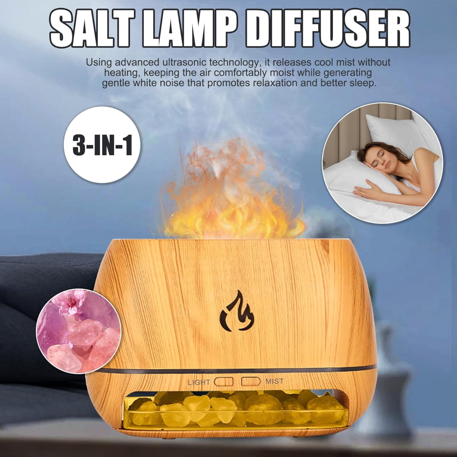 3-in-1 Ultrasonic Essential Oil, 6.76OZ Simulation Flame Humidifier with Colorful Light & Auto Shut-Off, Wood Grain Aroma Diffuser for Bedroom, Office, Home. - Image 5