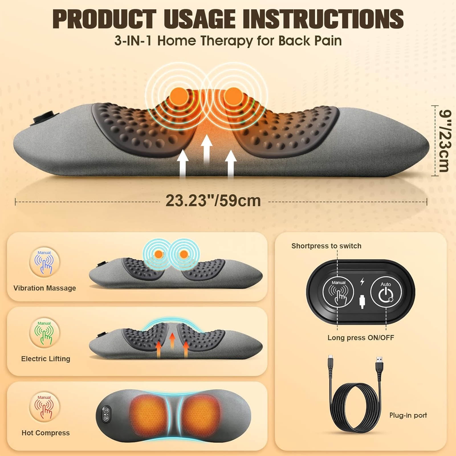 3 in 1 Back Massager, Electric Lumbar Support Pillow with Heating, Vibration & Traction Functions for Back Stretching, Relieves Lower Back Pain - Image 6
