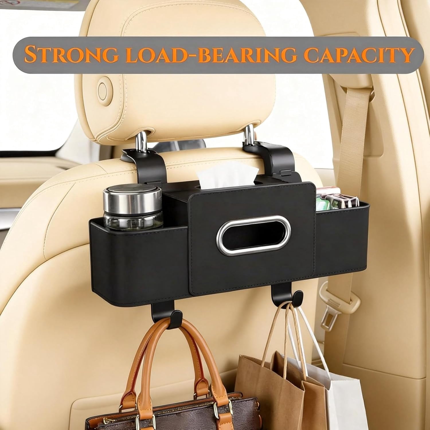 2026 New Car Seat Back Storage Box, 3-in-1 Multifunctional Car Organizer with Cup Holder, Tissue Box, Trash Bin & Hooks for Phones, Snacks, Handbags - Image 4