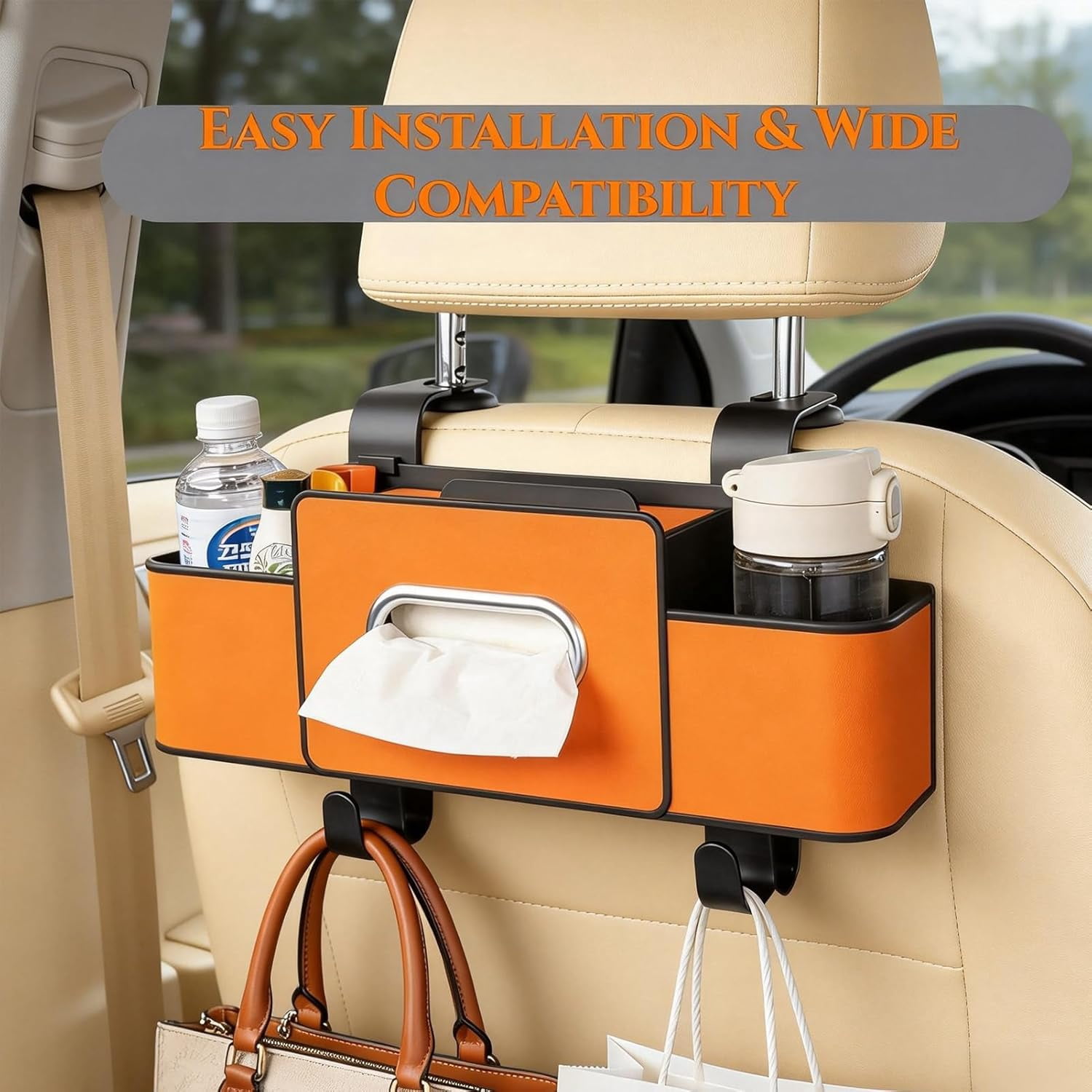 2026 New Car Seat Back Storage Box, 3-in-1 Multifunctional Car Organizer with Cup Holder, Tissue Box, Trash Bin & Hooks for Phones, Snacks, Handbags - Image 6