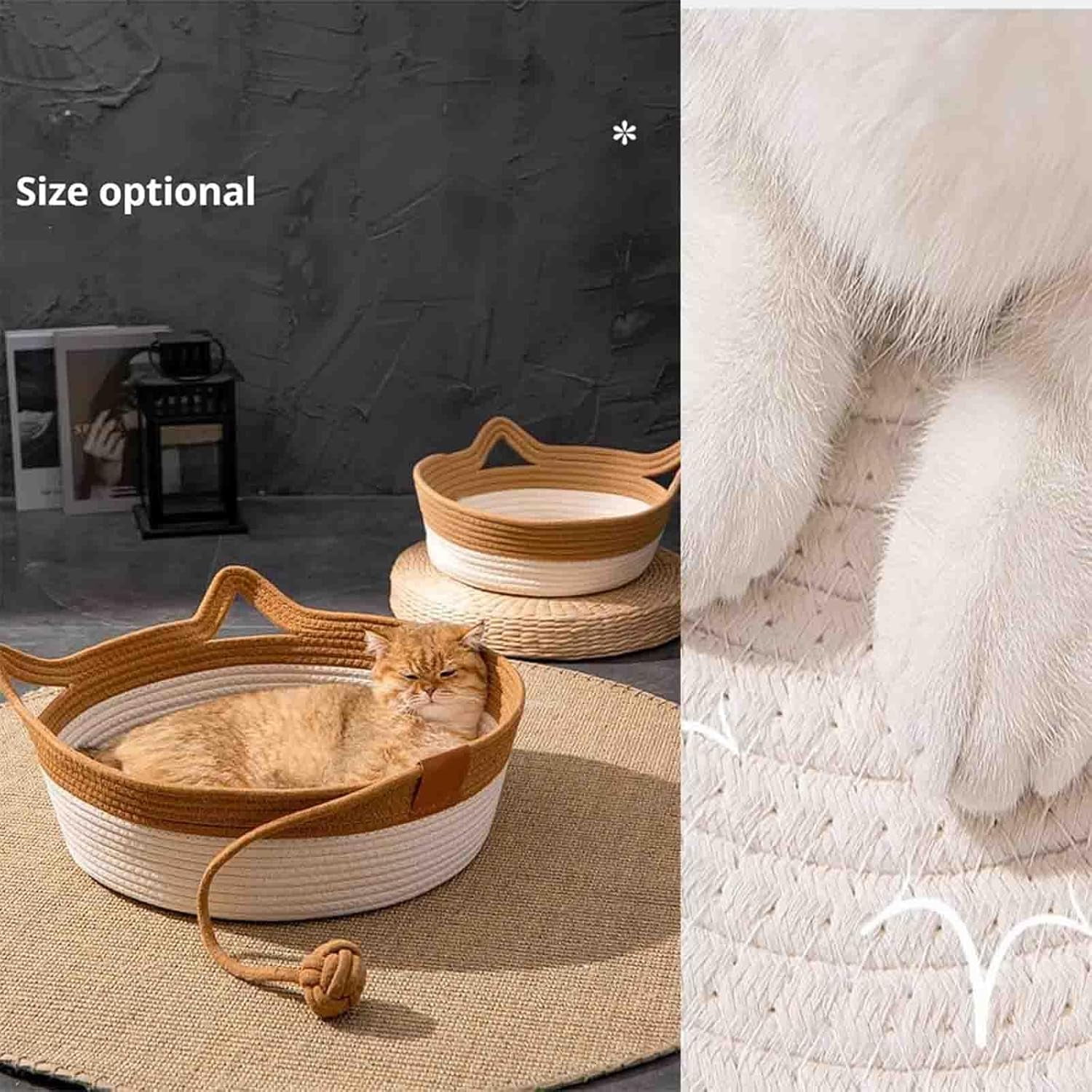 Basket for Cats with Durable Cotton Rope Weave, Handwoven Foldable Round Pet Bed with Teasing Ball, All-Season Indoor Comfort, Easy to Clean. - Image 7