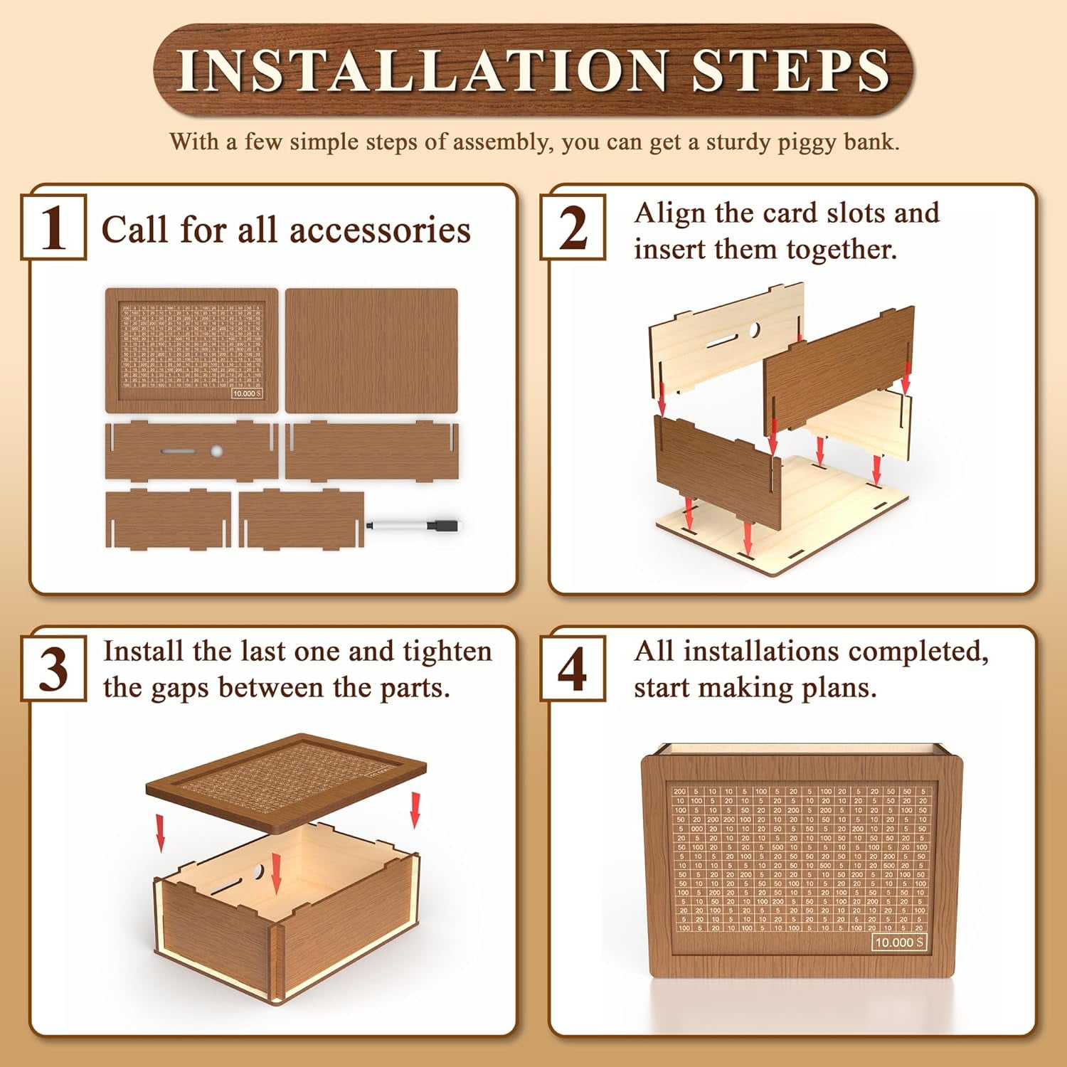 2026 New Wooden Money, Cash Money Saving Box with Money Target and Numbers, Large Savings Challenge Box & Coin Cash Vault Piggy-Bank for Adults - Image 4