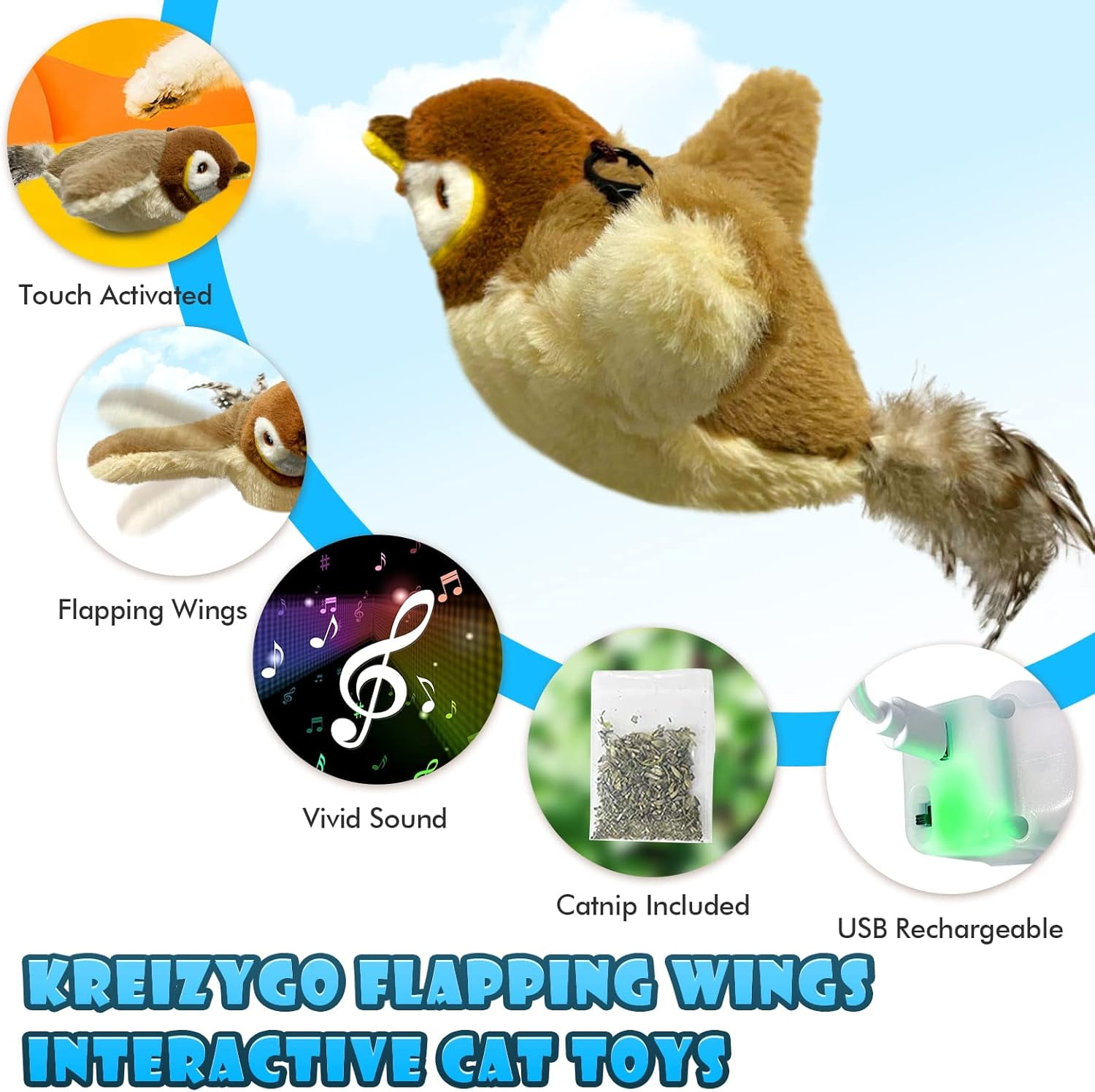 Flying Bird Cat Toys, 2026 New Interactive Chirping Bird Toy with Flapping Wings (No Flying), Touch Activated Electric Sparrow for Indoor Cats - Image 3