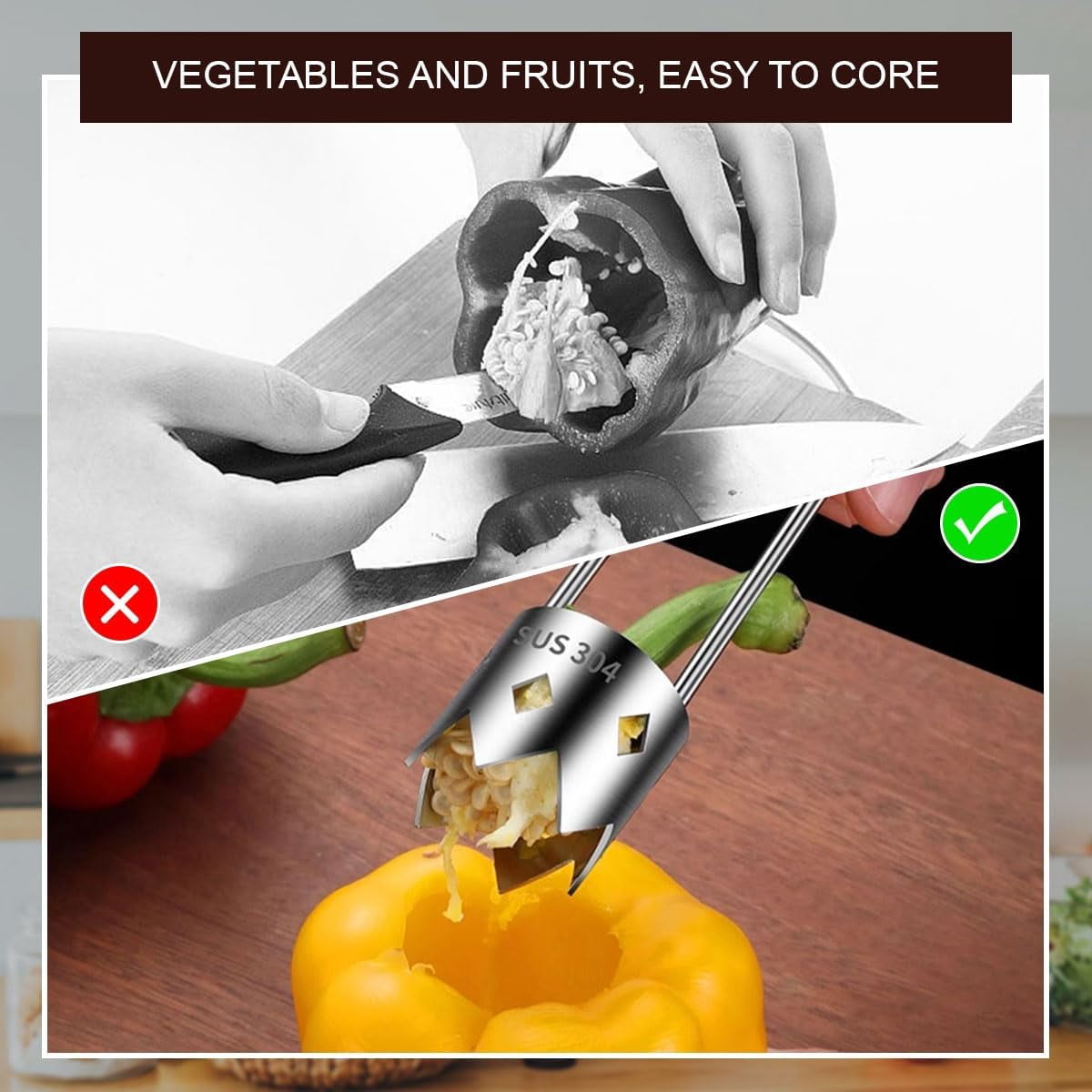 Stainless Steel Corer, 6.3In Multifunction Red Bell Pepper Seed Corer Remover Tool, 304 Rust Vegetable & Apple Core Seed Remover for Apples, Kitchen Gadgets. - Image 3