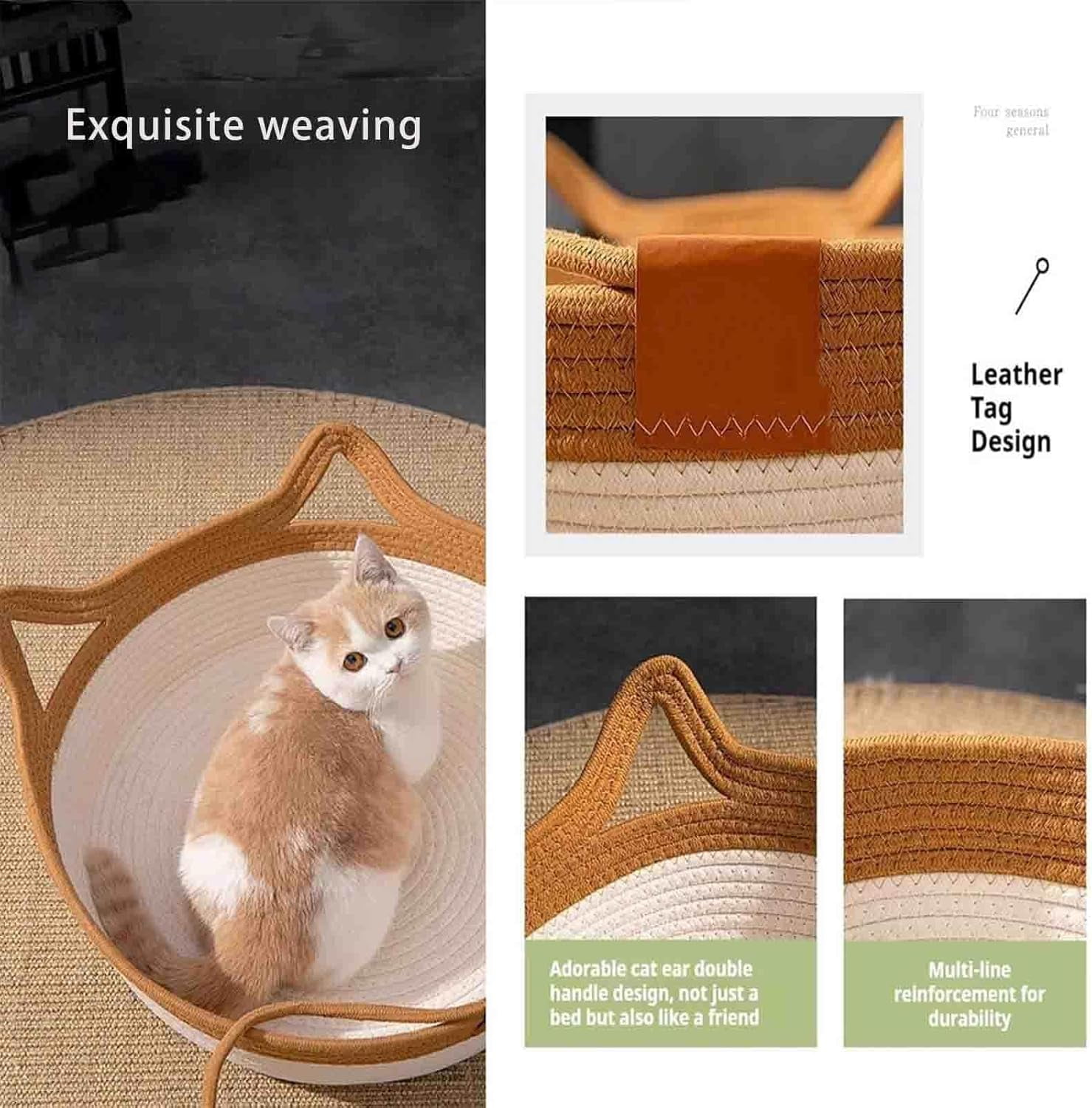 Basket for Cats with Durable Cotton Rope Weave, Handwoven Foldable Round Pet Bed with Teasing Ball, All-Season Indoor Comfort, Easy to Clean. - Image 3