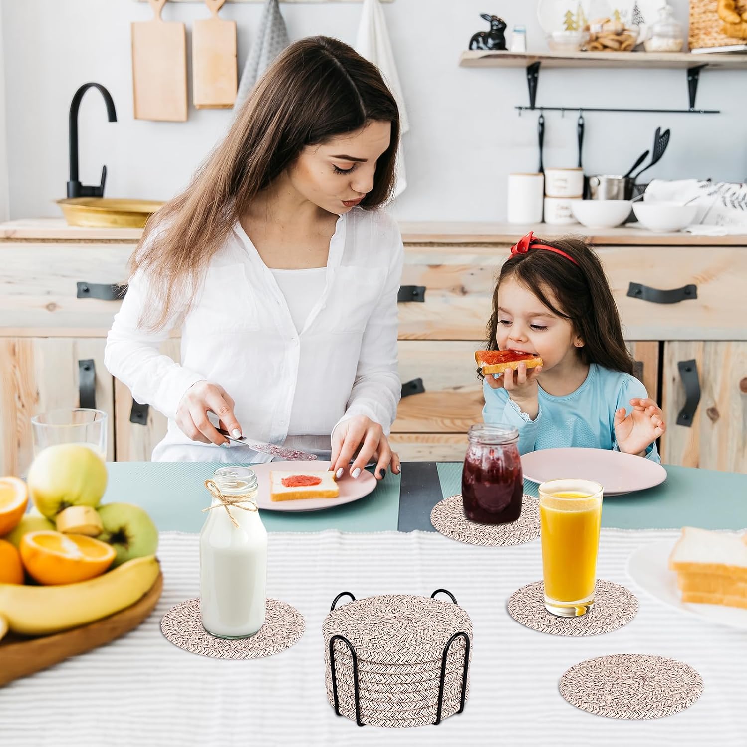 8 Pcs Drink Coasters with Holder, Absorbent Cotton Woven Coaster Set for Drinks, Minimalist Boho Coasters for Coffee Table Home Decor & Tabletop Protection - Image 7