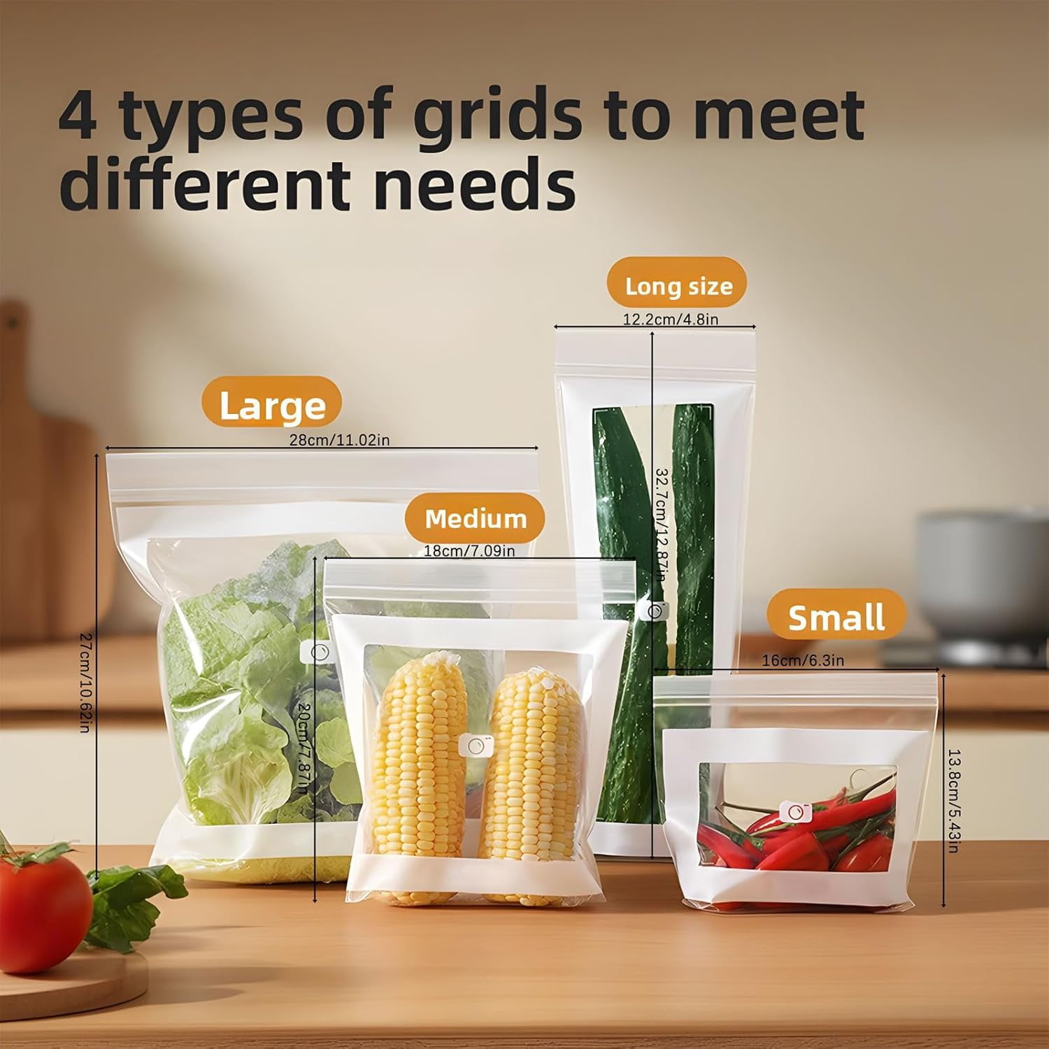 Food Grade Fresh-Keeping Bags, Reusable Plastic Produce with Dual Interlocking Seal, Clear Long Sealed Bags for Vegetables Fruits Refrigerator Freezer Kitchen Organization. - Image 6