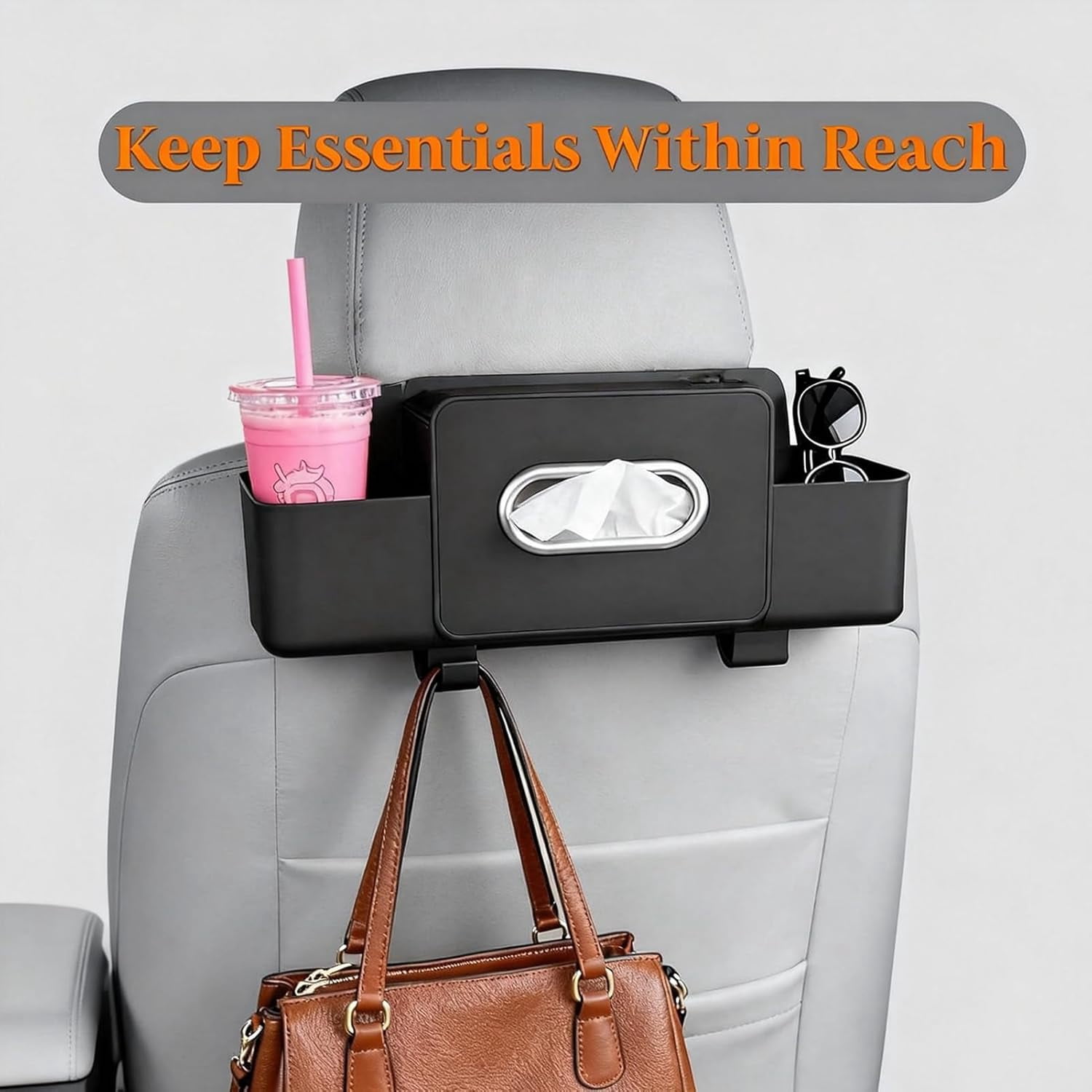 2026 New Car Seat Back Storage Box, 3-in-1 Multifunctional Car Organizer with Cup Holder, Tissue Box, Trash Bin & Hooks for Phones, Snacks, Handbags - Image 7