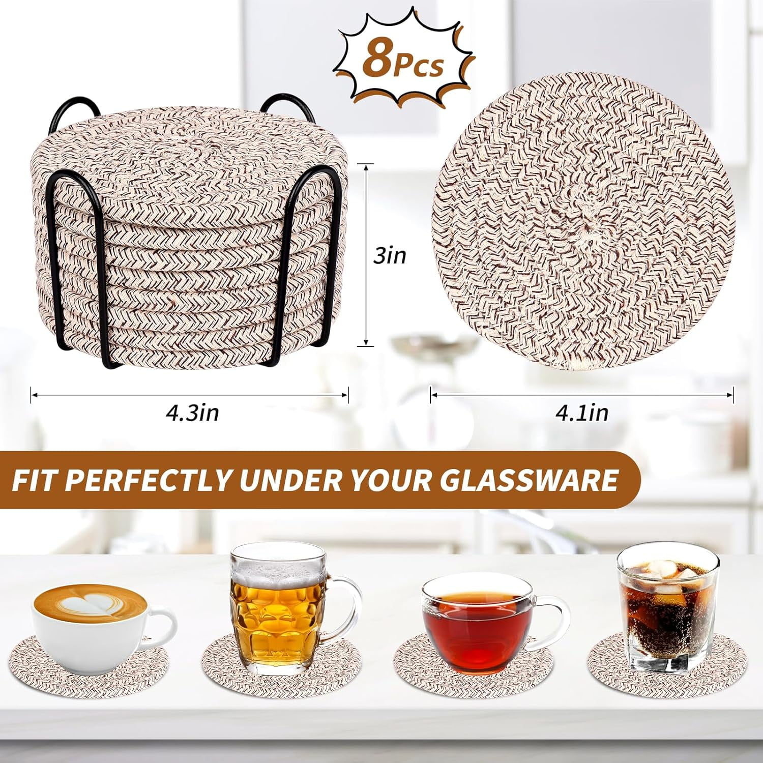 8 Pcs Drink Coasters with Holder, Absorbent Cotton Woven Coaster Set for Drinks, Minimalist Boho Coasters for Coffee Table Home Decor & Tabletop Protection - Image 2