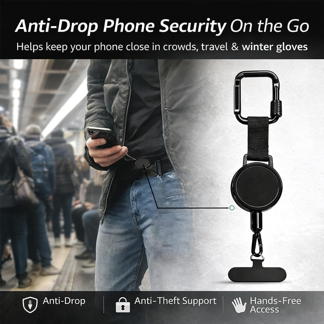 Outdoor Anti-Theft Retractable Phone Lanyard, Lightweight Adjustable Belt Tether with Steel Cable, Retractable Phone Holder for Hiking, Cycling, Music Festivals - Image 3