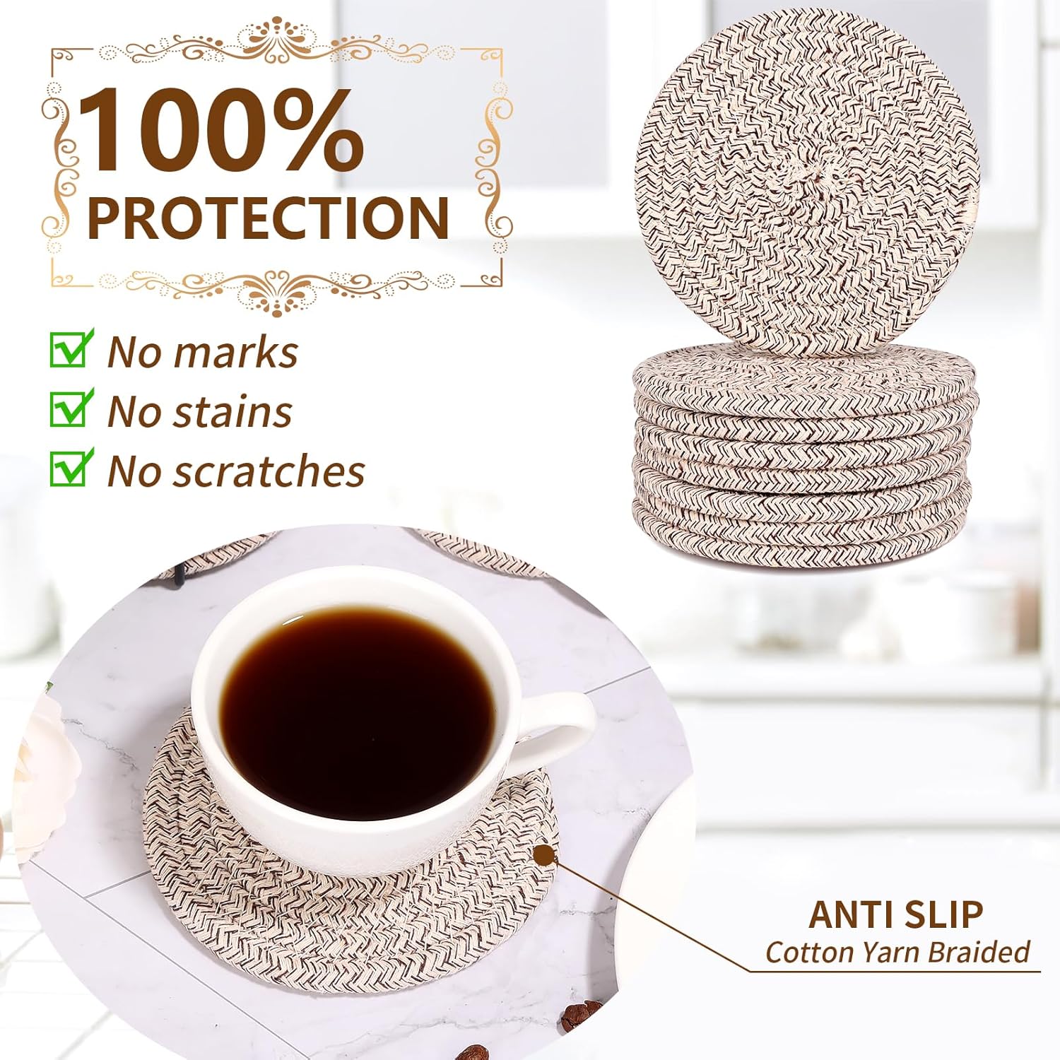 8 Pcs Drink Coasters with Holder, Absorbent Cotton Woven Coaster Set for Drinks, Minimalist Boho Coasters for Coffee Table Home Decor & Tabletop Protection - Image 5