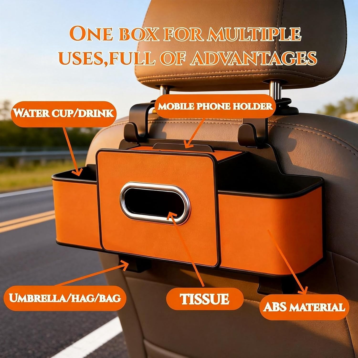 2026 New Car Seat Back Storage Box, 3-in-1 Multifunctional Car Organizer with Cup Holder, Tissue Box, Trash Bin & Hooks for Phones, Snacks, Handbags - Image 2