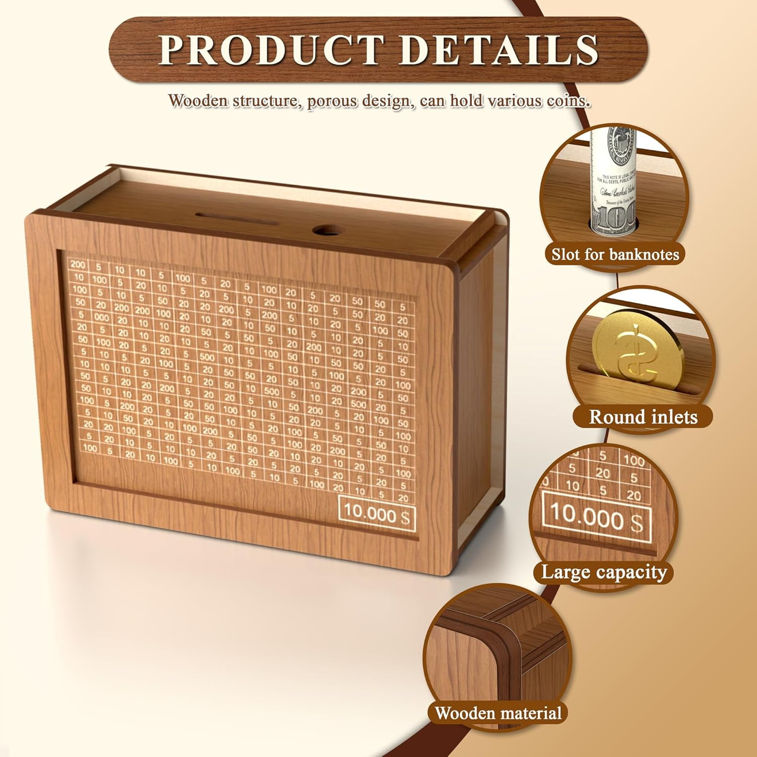 2026 New Wooden Money, Cash Money Saving Box with Money Target and Numbers, Large Savings Challenge Box & Coin Cash Vault Piggy-Bank for Adults - Image 2