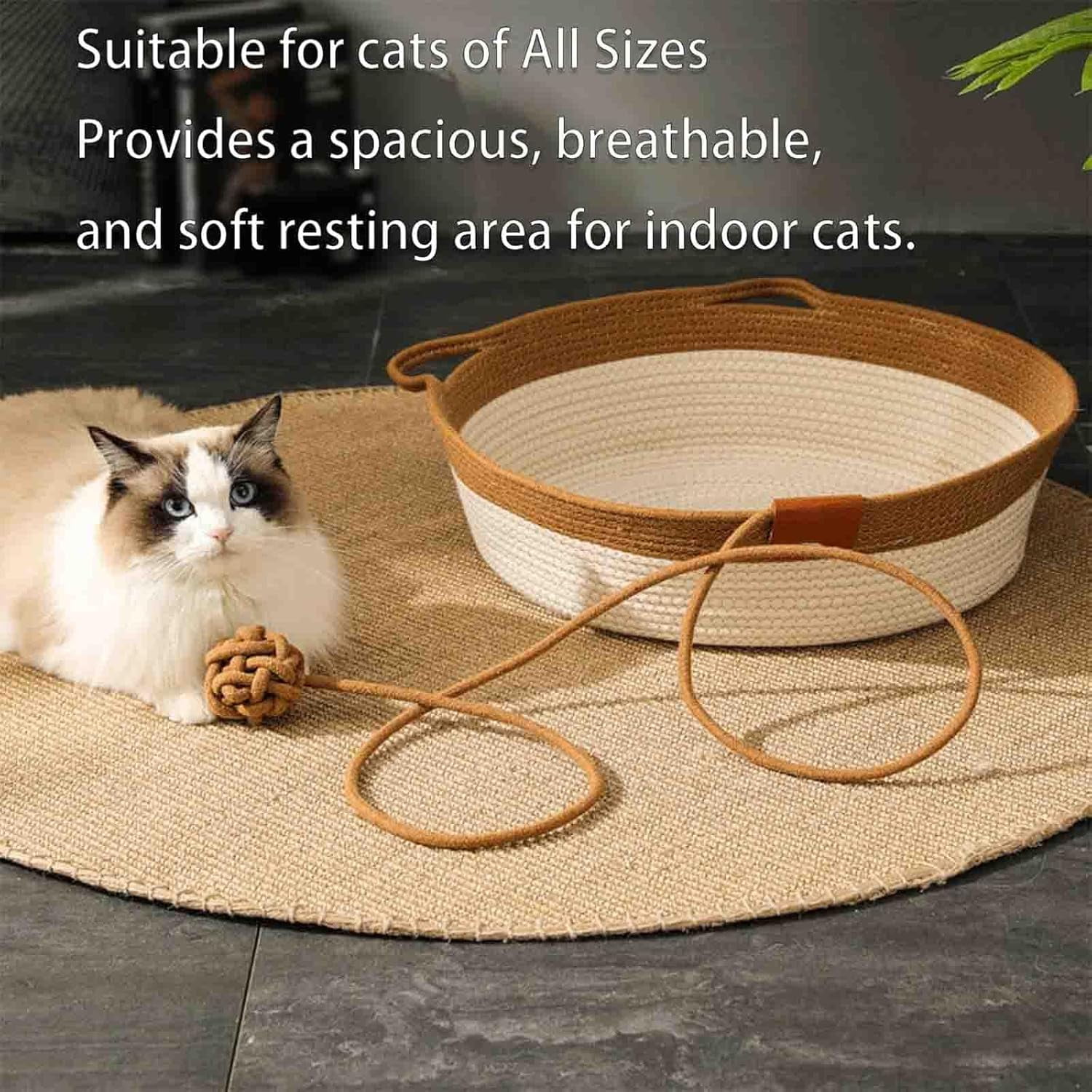 Basket for Cats with Durable Cotton Rope Weave, Handwoven Foldable Round Pet Bed with Teasing Ball, All-Season Indoor Comfort, Easy to Clean. - Image 2