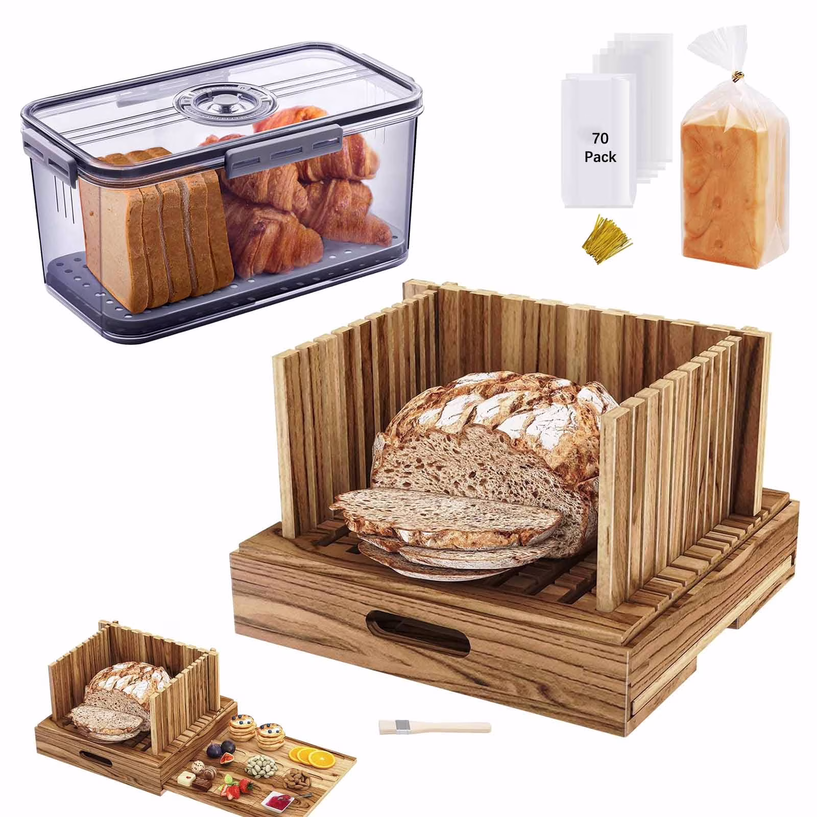 Acacia Wood Bread Slicer with Airtight Time-Tracking Storage Box and 70 Bread Bags, Complete Set