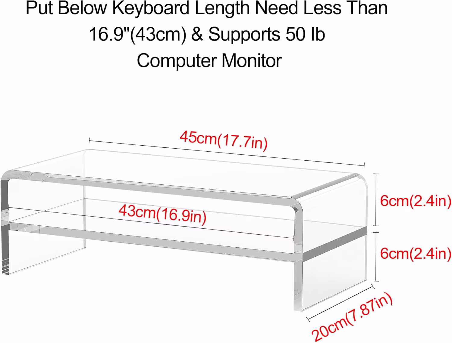 Acrylic Monitor Stand 2 Tiers Computer Riser 18x8x5.5 Inch Desktop Organizer for Office Home School Keyboard Storage