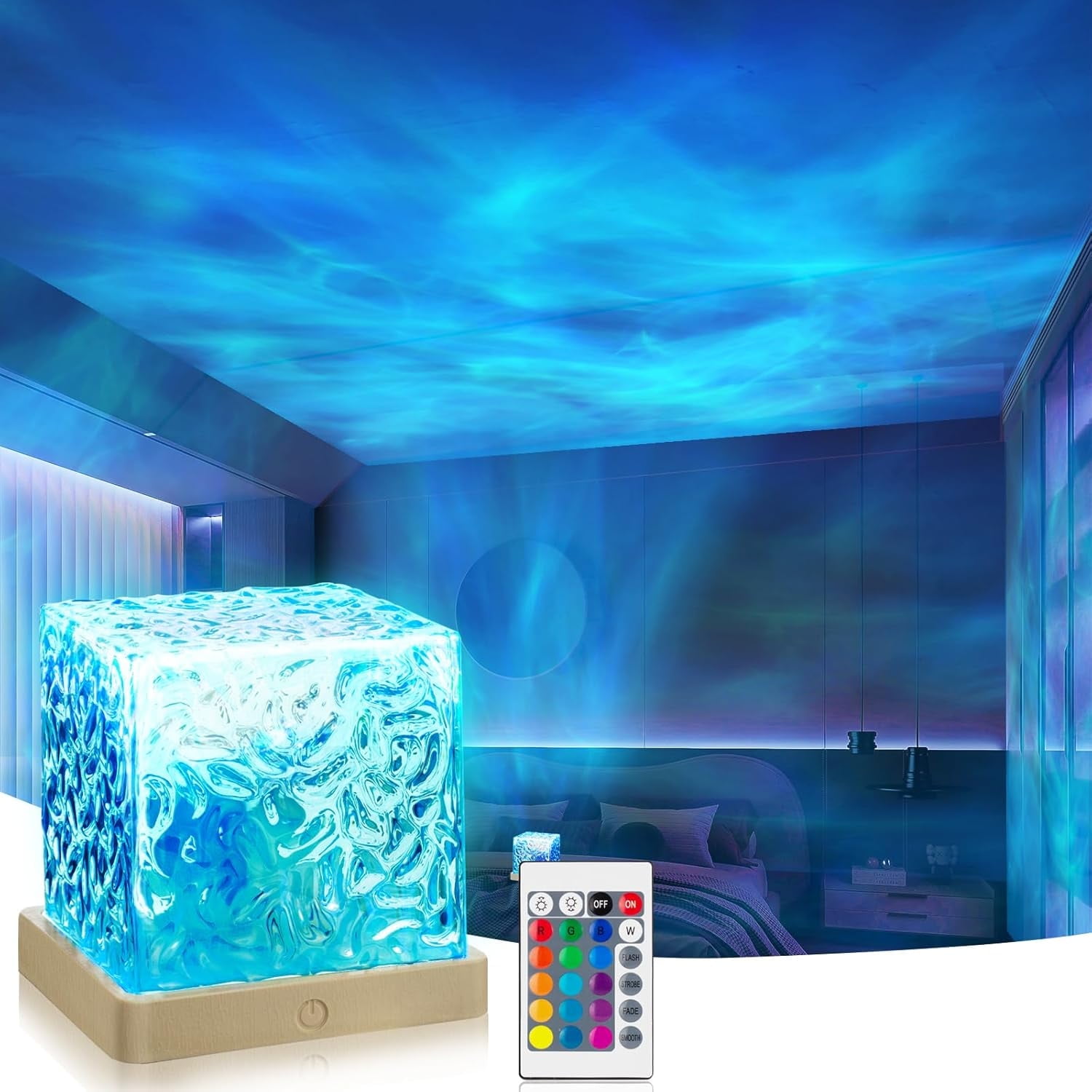 Aurora Borealis Night Light Projector，16-color cube light with dynamic wave effect, ocean-themed ambient light, comes with remote control, suitable for bedroom and classroom decoration