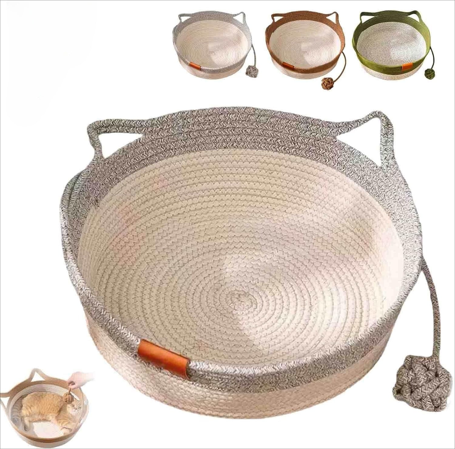 Basket for Cats with Durable Cotton Rope Weave, Handwoven Foldable Round Pet Bed with Teasing Ball, All-Season Indoor Comfort, Easy to Clean.