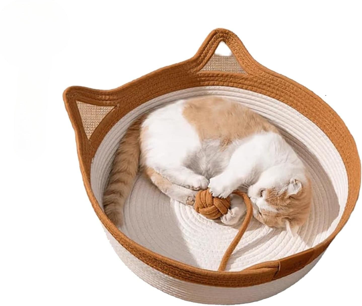 Basket for Cats with Durable Cotton Rope Weave, Handwoven Cat Bed with Built-in Washable Scratching Pad, Toy Tail for All-Season Indoor Comfort of Small Large Cats & Dogs.