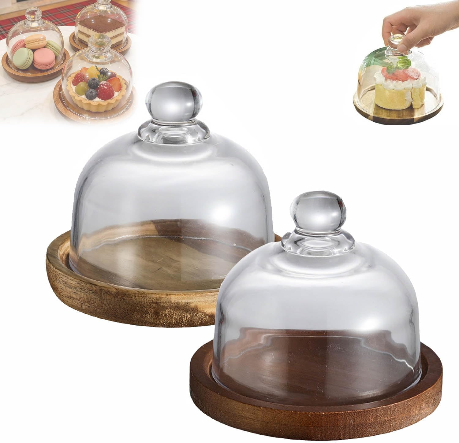 Cake Stand with Glass Lid, Charcuterie Display with Clear Dome Lid and Wooden Base, Mini Dessert Display Stand for Cheese, Appetizers, Cakes, Holiday and Party Tables.