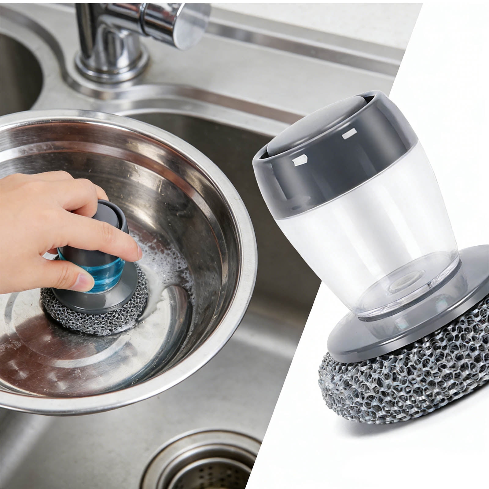 Comfort Grip Soap Dispensing Kitchen Scrub, Replaceable Nylon Bristles, Non-Slip Handle for Cleaning Dishes, Pots, Pans & Sinks