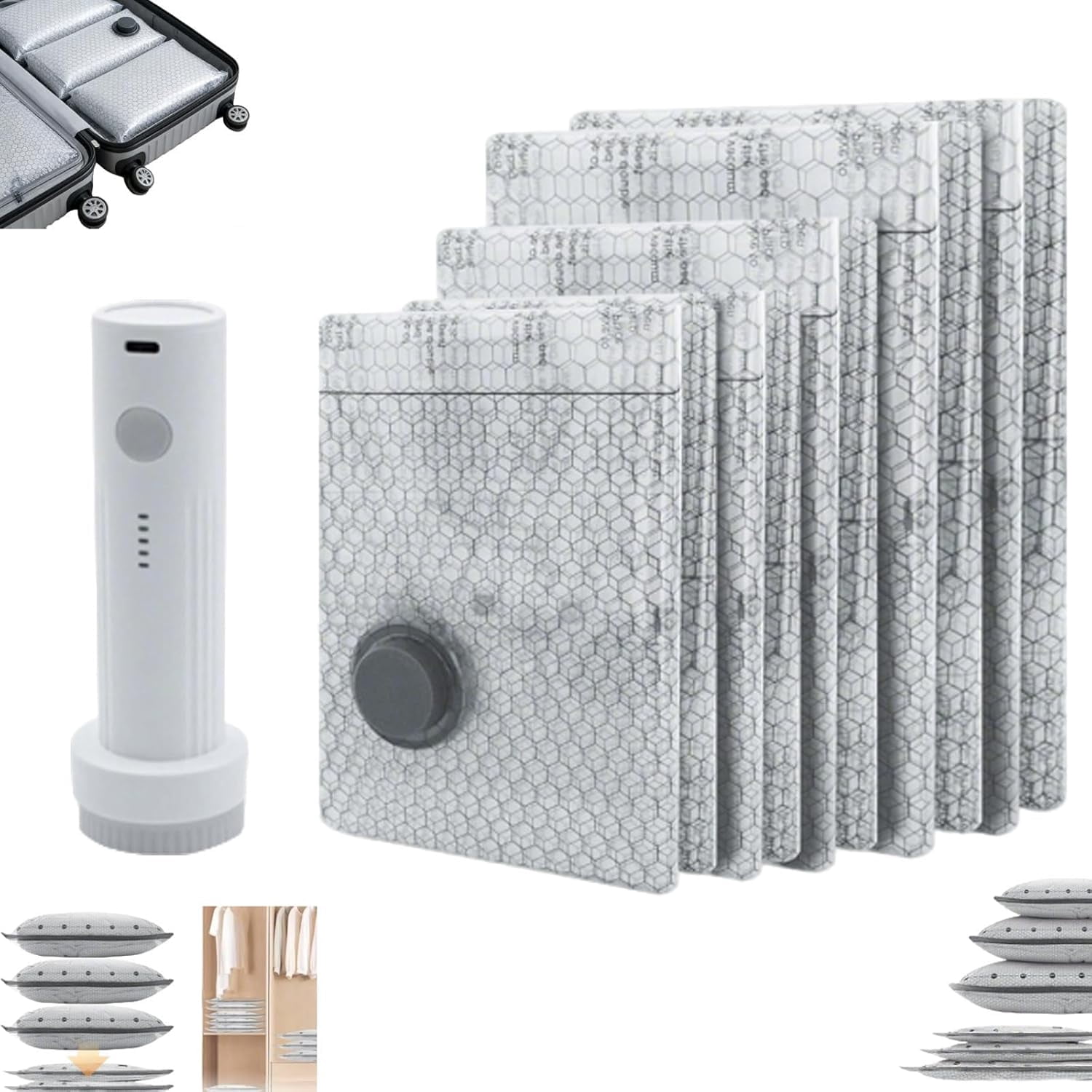 Cordless Travel Vacuum Storage Compression Bag Set with Rechargeable Air Pump, Carry-on Size Compression Bags to Maximize Space for Clothes, Bedding