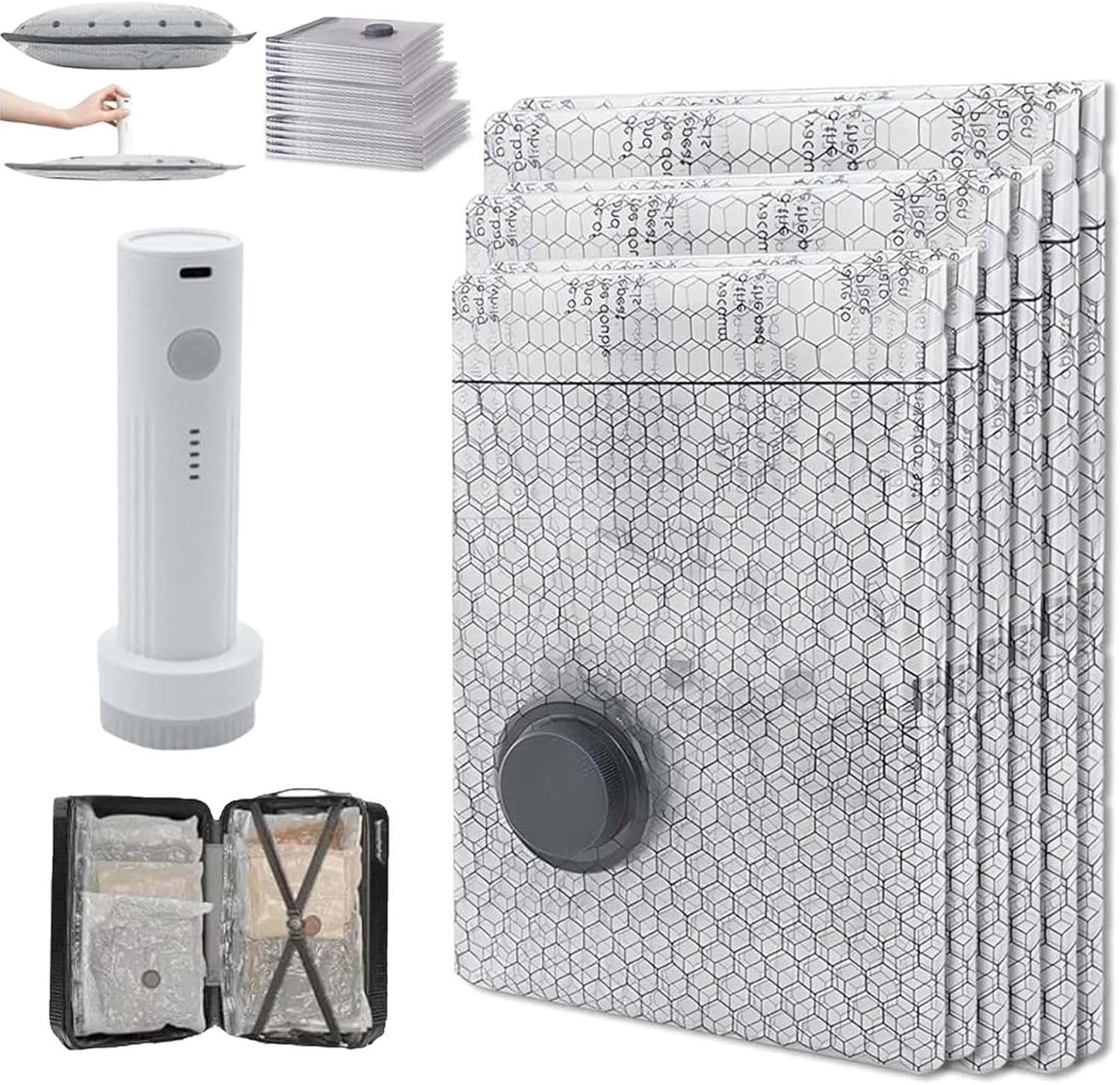 Cordless Travel Vacuum Storage Compression Bag Set with Rechargeable Pump, Portable Waterproof Packing Compression Bag to Maximize Space for Clothes