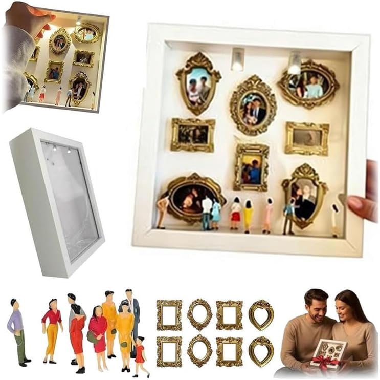 DIY Mini Museum Silhouette Box, 9.8” Creative Memory Display Shadow Box Frame Kit with Gold Mini Frames & Figurines for Valentine's Day Gift