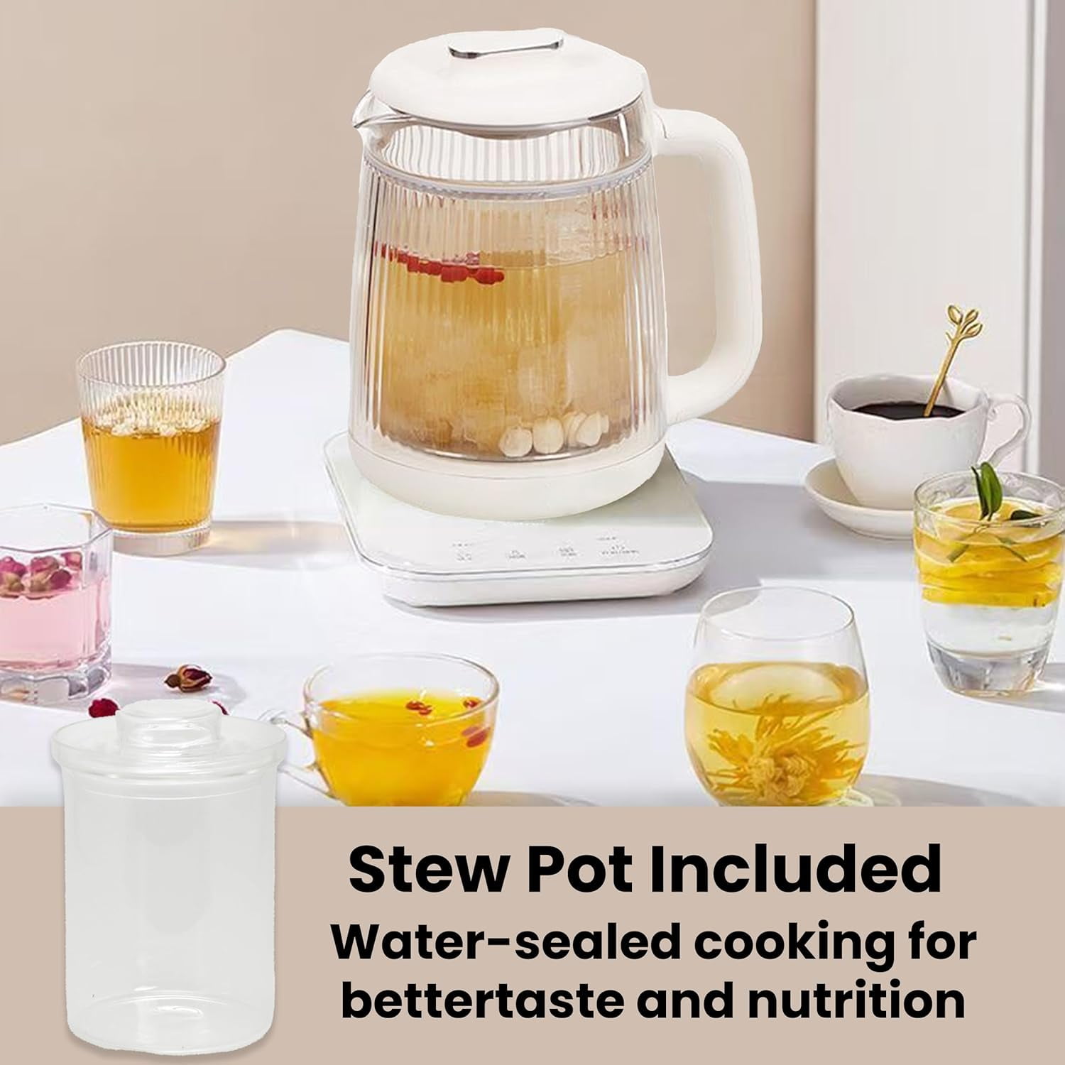 Double-Layer Electric Kettle 1.5L with Stew Pot, Glass Health Pot, 9-in-1 Glass Tea Maker, Programmable Touch Panel, Stainless Steel Base for Soup, Porridge, Herbal Tea