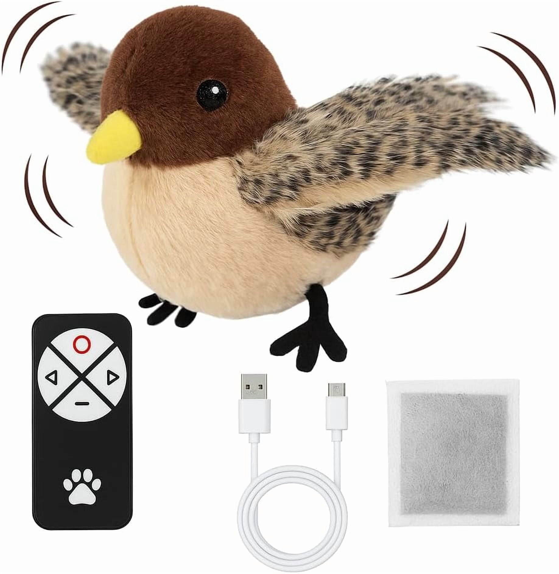 Flying Bird Cat Toy (Not a Flying Bird) - Interactive Flappy Bird Toy with Real Feathers & Chirping Sounds, USB Rechargeable Remote Control for Indoor Cats