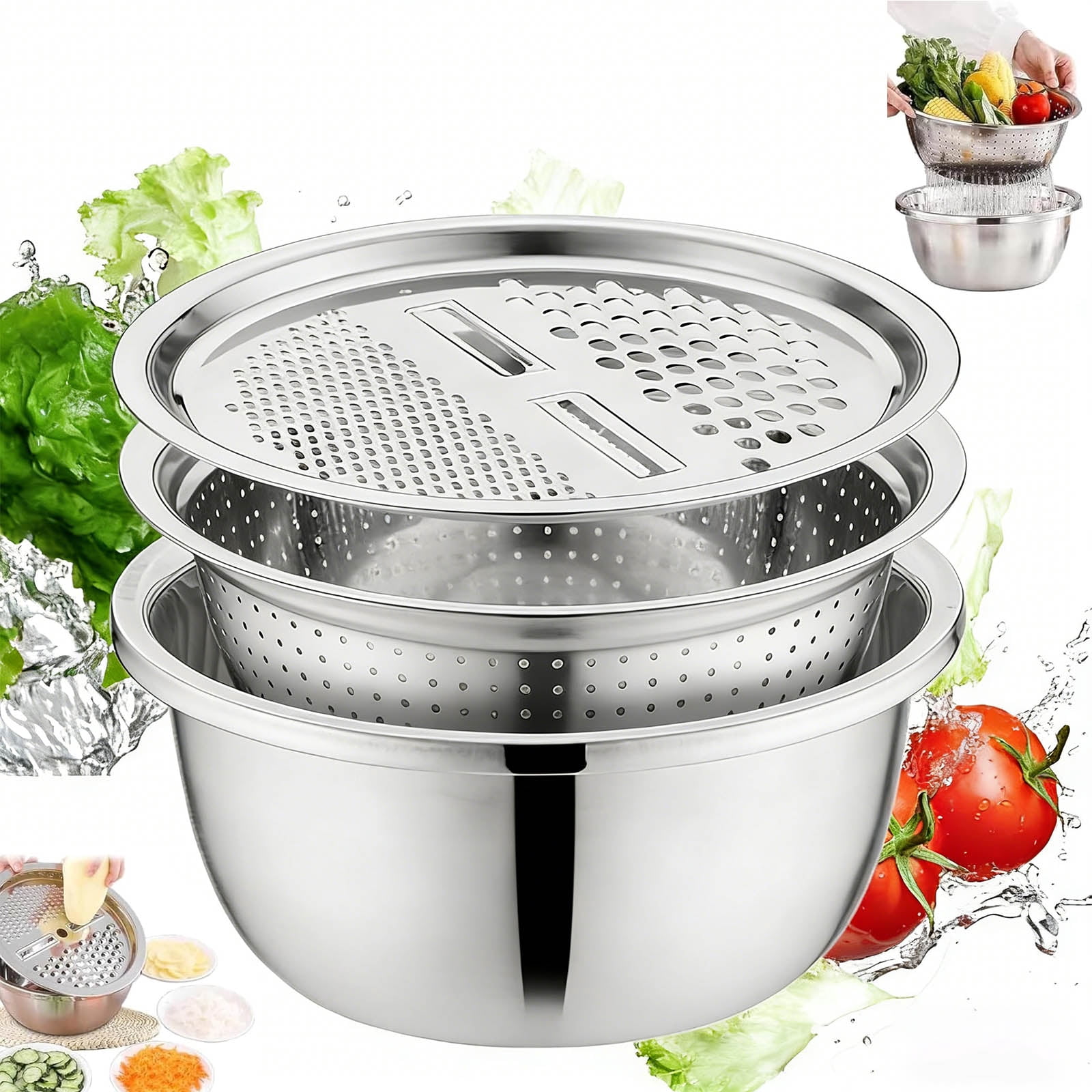 Germany Multifunctional Stainless Steel Basin, 3 in 1 Multifunction Stainless Steel Basin for Kitchen, Vegetable Slicer Grater and Drain Basket