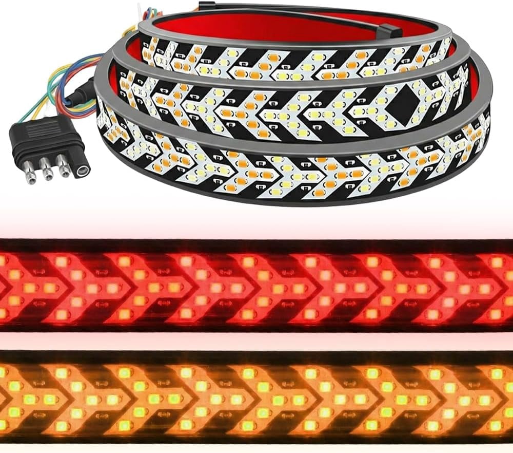 LED Tailgate Light Bar Strip, Truck Tailgate LED Strip Light Bar, Red & Amber Sequential Lighting, Arrow Design Turn Signal Strip with Brake Reverse, Waterproof Flexible