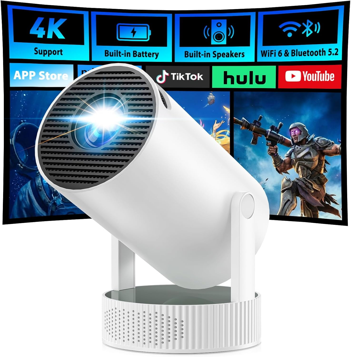 Mini 210° Smart Projector,Portable Projector with 4K Support & WiFi & Bluetooth, Compatible with iPhone TV Stick Laptop, Auto Keystone Correction