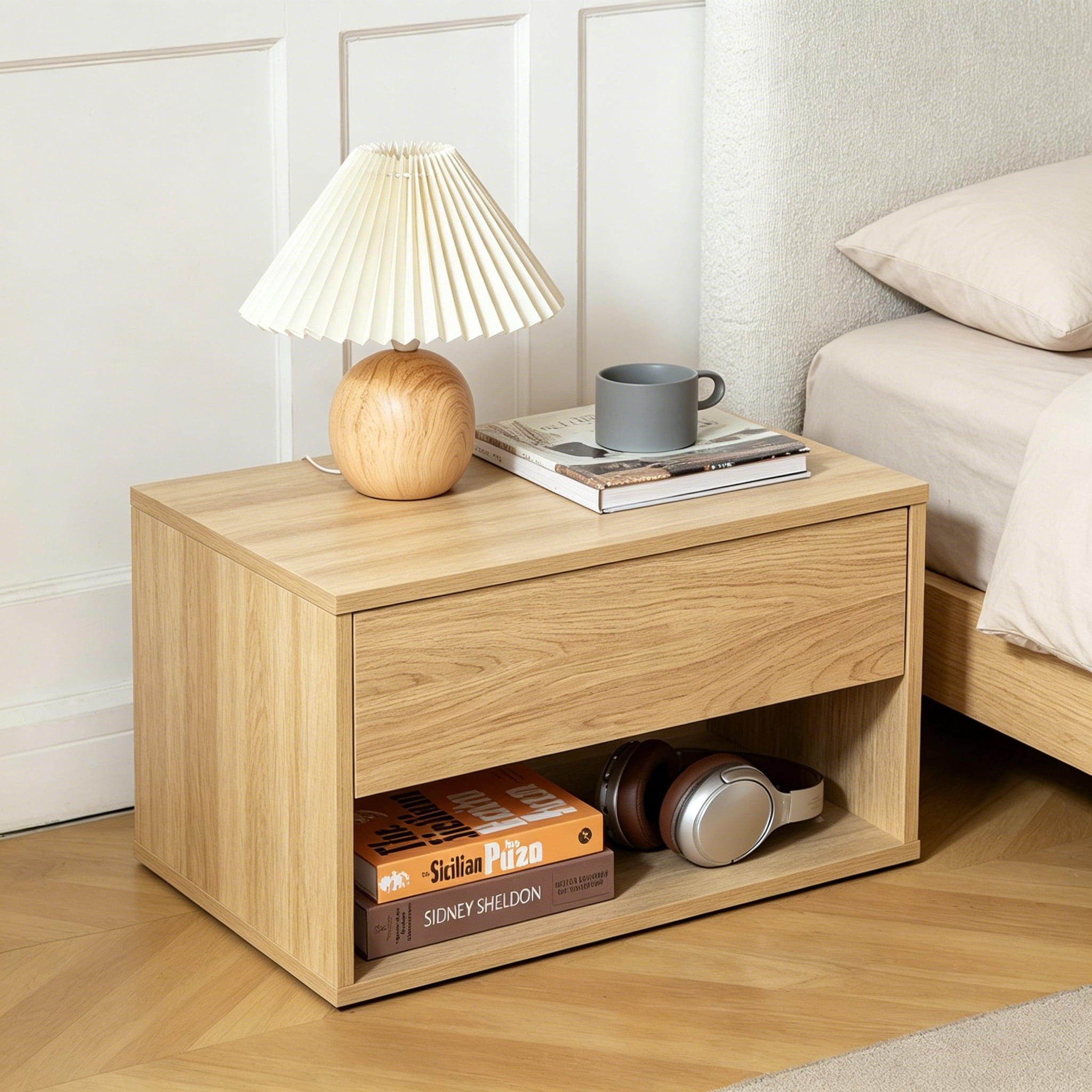 Modern Nightstand, 23.6" W Natural Wood Nightstand End Table, Bed Side Table with Storage Drawer & Open Cubby for Bedroom, Living Room & Apartment, Oak