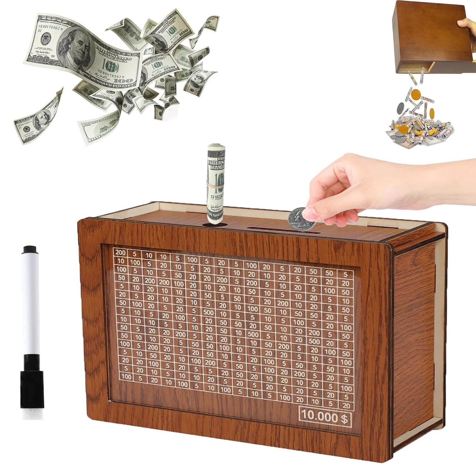 Moneybox Wooden with Money Target and Numbers, 6.7” * 5.1” Portable Countdown Money Saving Box & Piggy Bank Gift for Adults, Teenagers