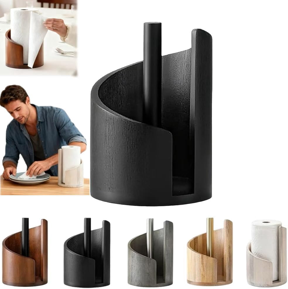 Mountain Paper Towel Holder, Natural Mango Wood Base with Iron Center Rod, No Installation Required Decorative Countertop Stand for Kitchen, Office