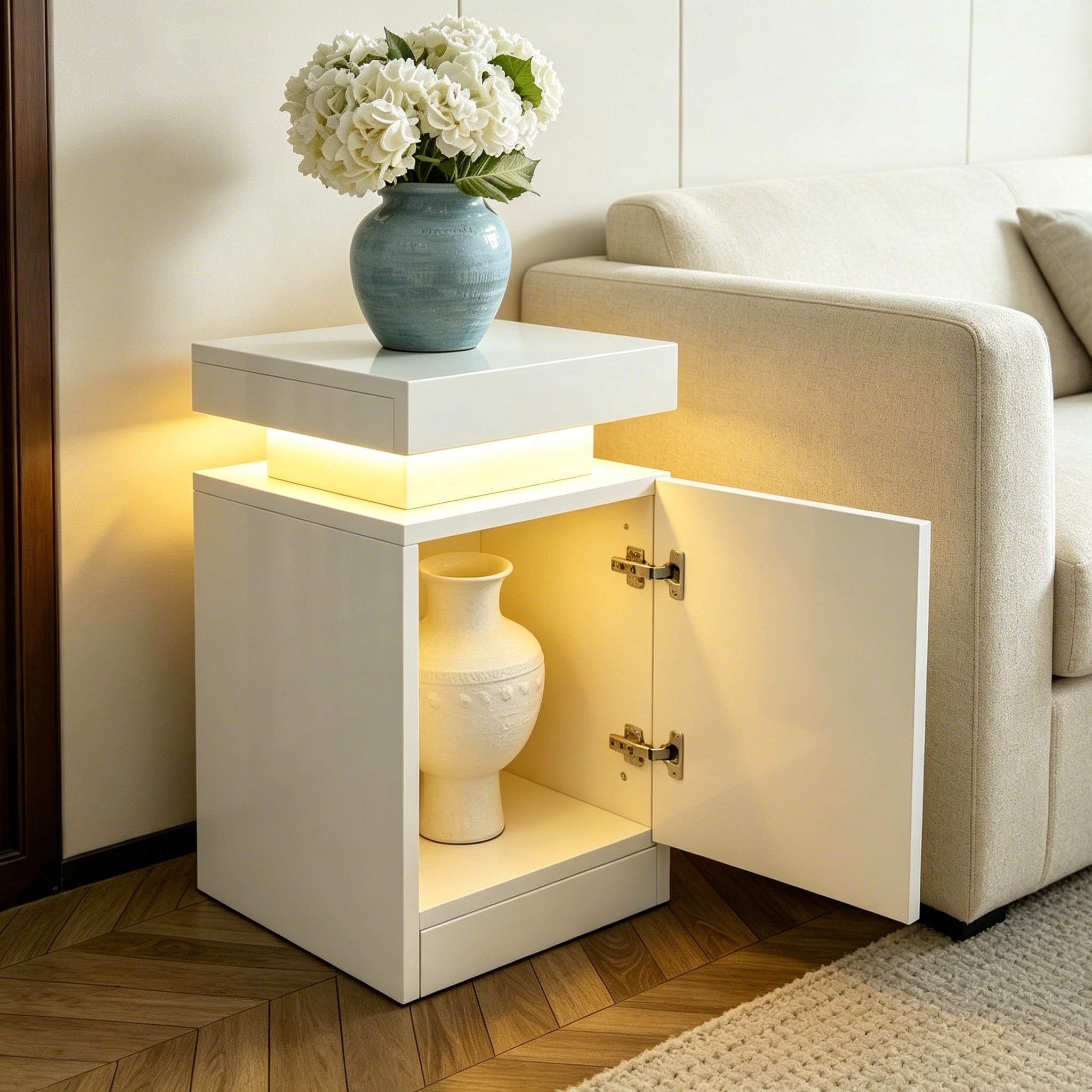 Nightstand with LED Lights Set of 2, 2-Piece Bedside Table with Storage Cabinet, Modern End Table for Bedroom, White