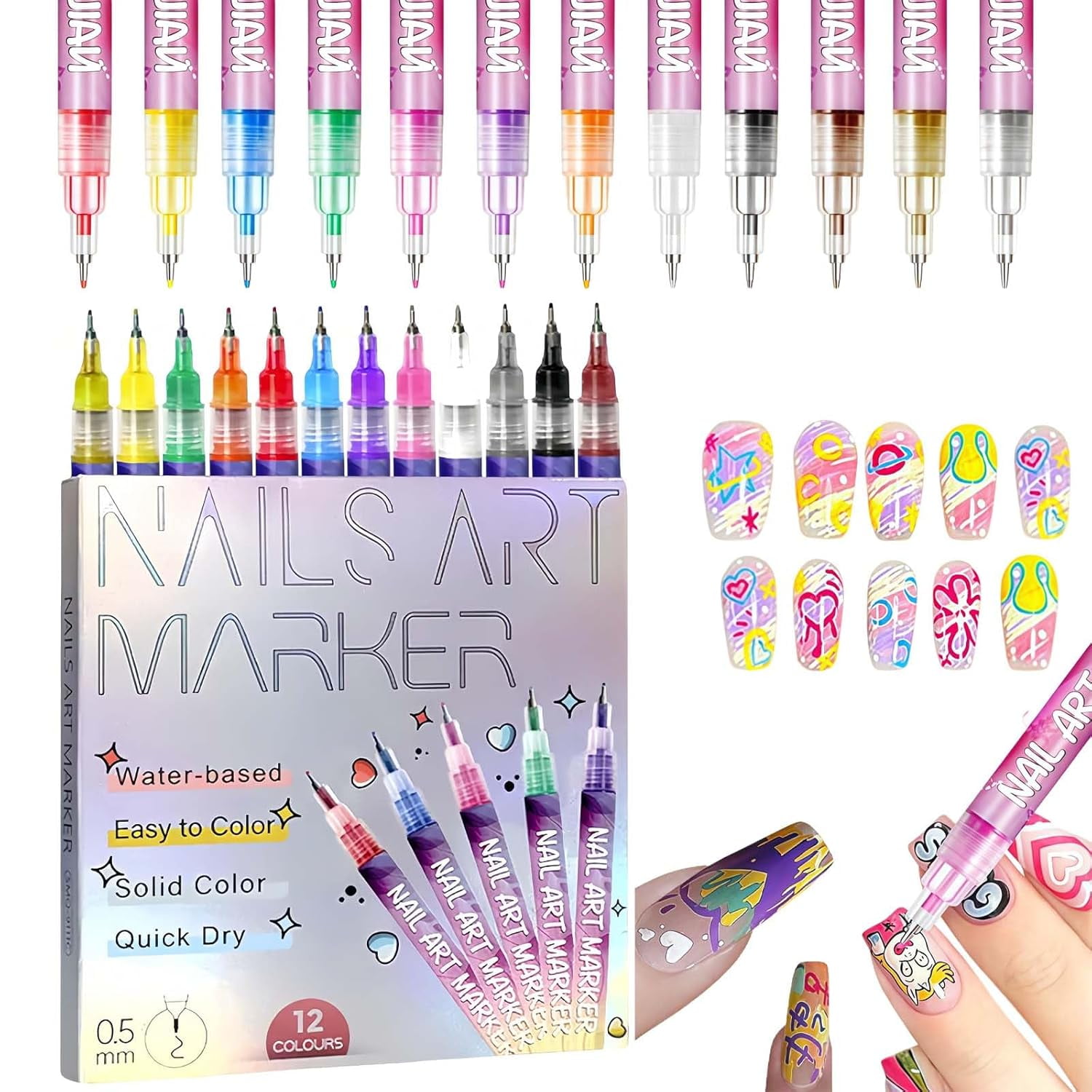 Pink Galaxy Nail Art Pens Set, Upgrade 12 Colors Nail Art Markers with 0.5mm Quick Dry Fine Tip, Suitable for Home Salon, Nail Painting and Artistic Decorations.