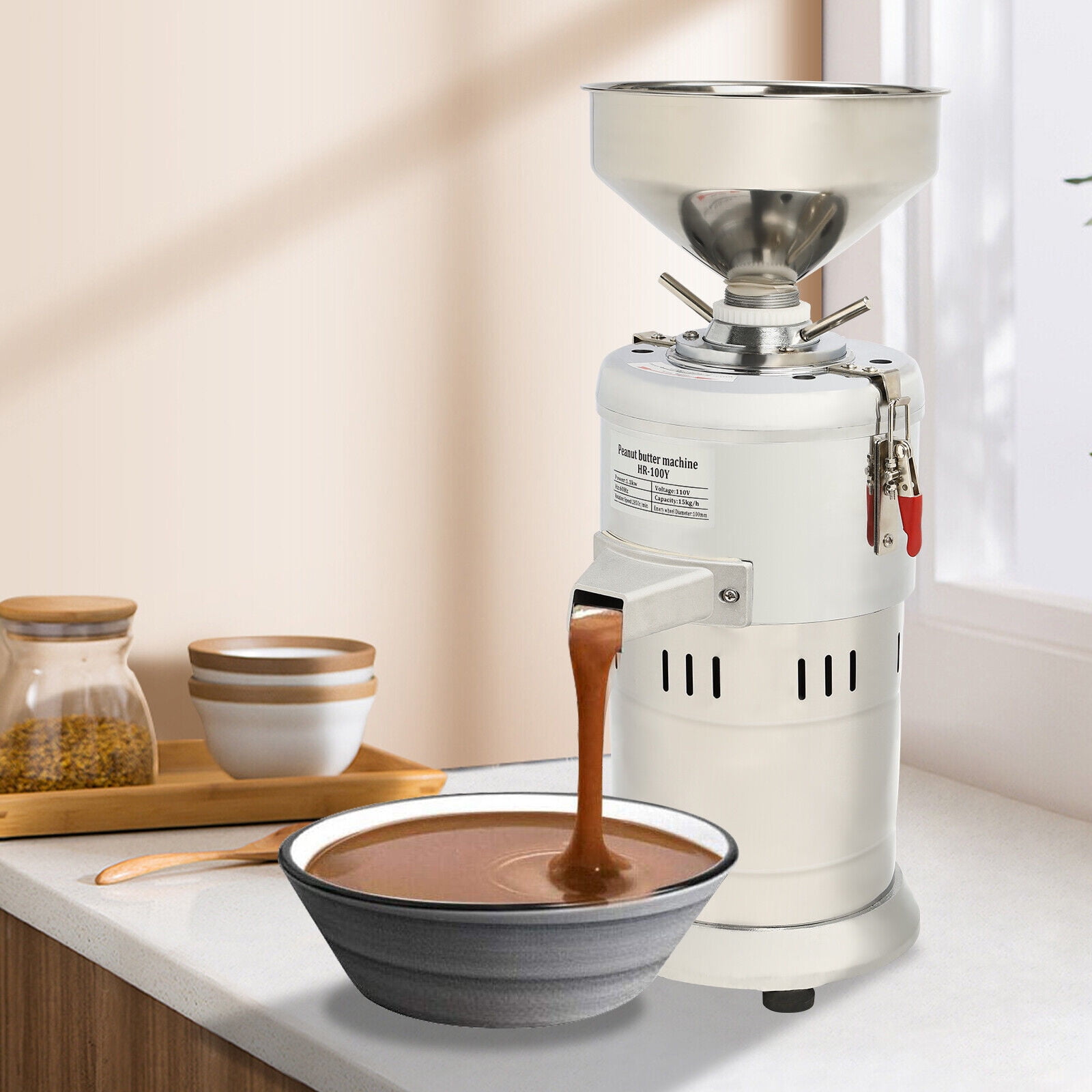 Powerful 1100W Peanut Butter Machine, Stainless Steel, 33 lbs/h Grinding Capacity, Low Noise, Easy to Clean, for Soy Milk, Sesame Sauce, and More