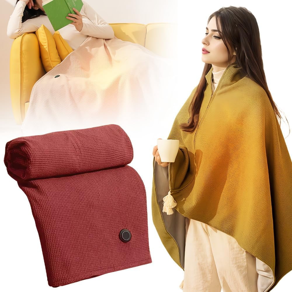 Portable Heated Blanket Shaw, 58"X 32" Heated Shawl Wraps for Women with 15-Second Rapid Heating & Three Temperature Settings, USB Electric Zipper Winter Wrap