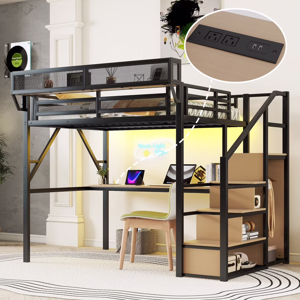 Queen Loft Bed with Desk and Charging Station, Queen Size Metal Loft Bed with Stairs and Light, Black