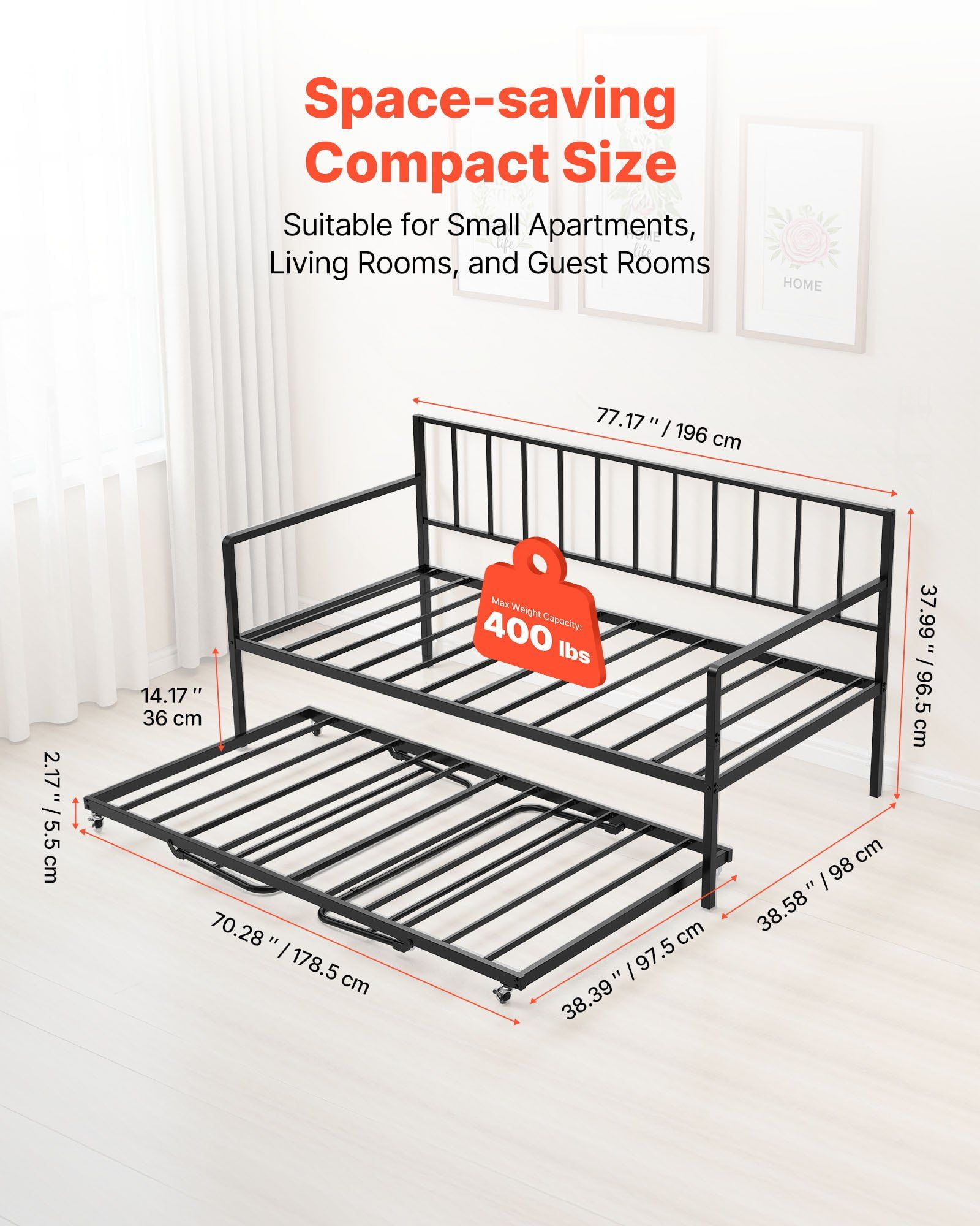 Smart Daybed with Trundle: Features Height Adjustment, 4-Gadget Charging Station, Ambient LED Lights, and Durable Twin Sleeper