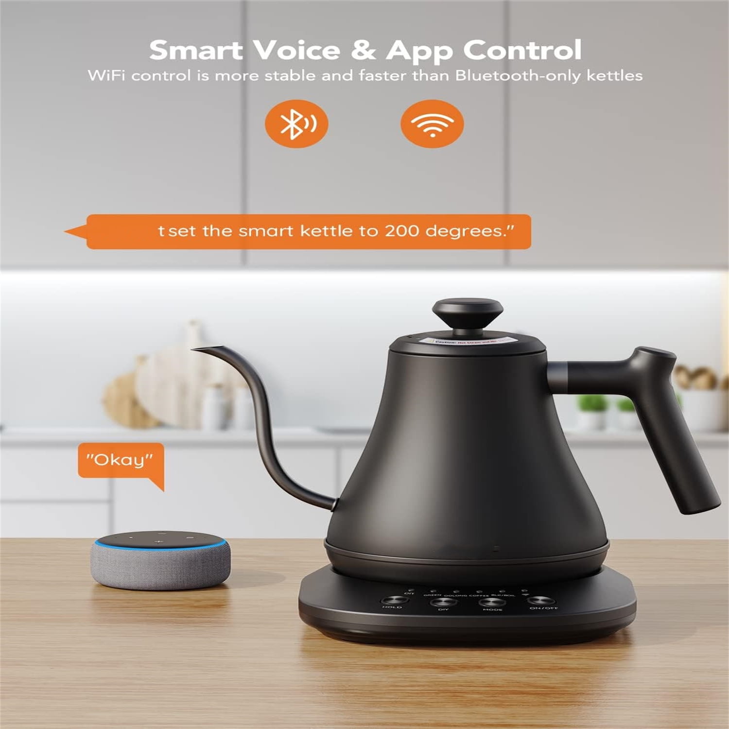 Smart Electric Kettle, WiFi Variable Temperature Gooseneck Pour Over Kettle and Tea Kettle, Alexa Control, 1200W Quick Heating, 100% Stainless Steel, 0.8L, Matte Black