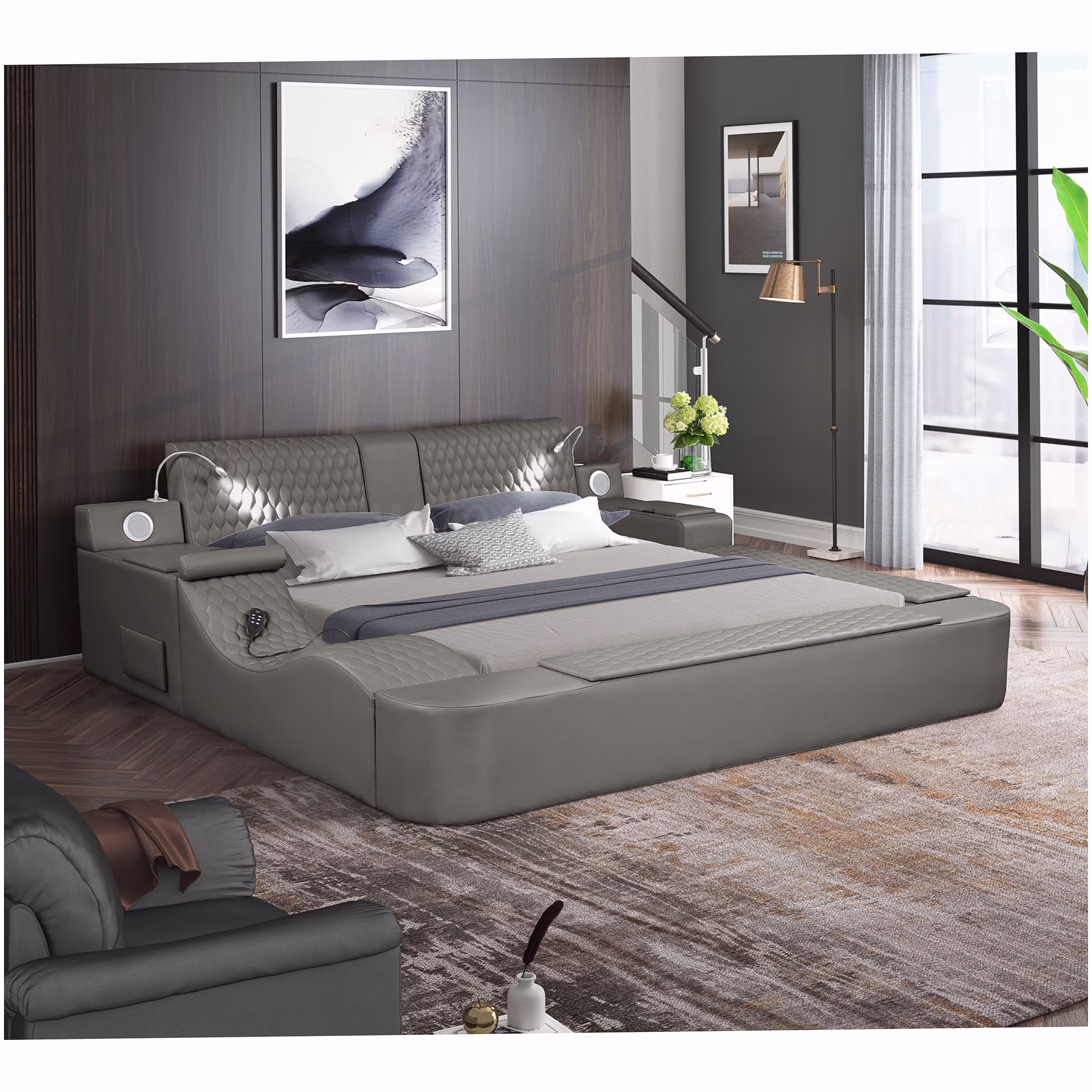 Smart King Size Bed with Massage and Bluetooth, USB Charging Station, Storage Drawers, Gray Platform Bed