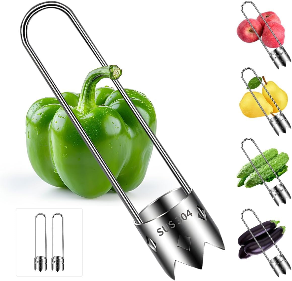 Stainless Steel Corer, 6.3In Multifunction Red Bell Pepper Seed Corer Remover Tool, 304 Rust Vegetable & Apple Core Seed Remover for Apples, Kitchen Gadgets.