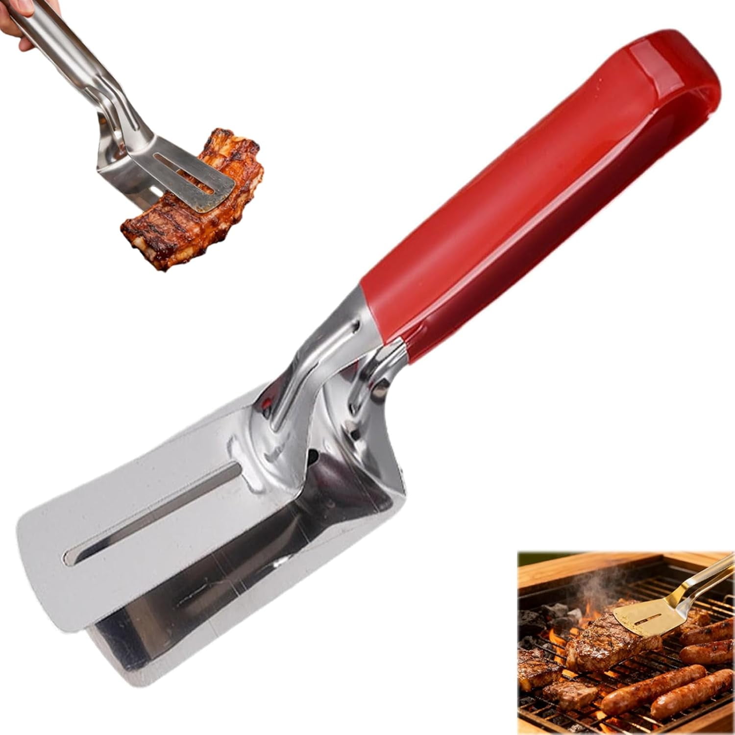 Stainless Steel Grill Clamp, 10 Inch Anti-Scald Extended Handle Multifunctional Food Flip Shovel Clip & Slotted Double Spatula for Flipping Steak, Fish, Pizza & BBQ Cooking