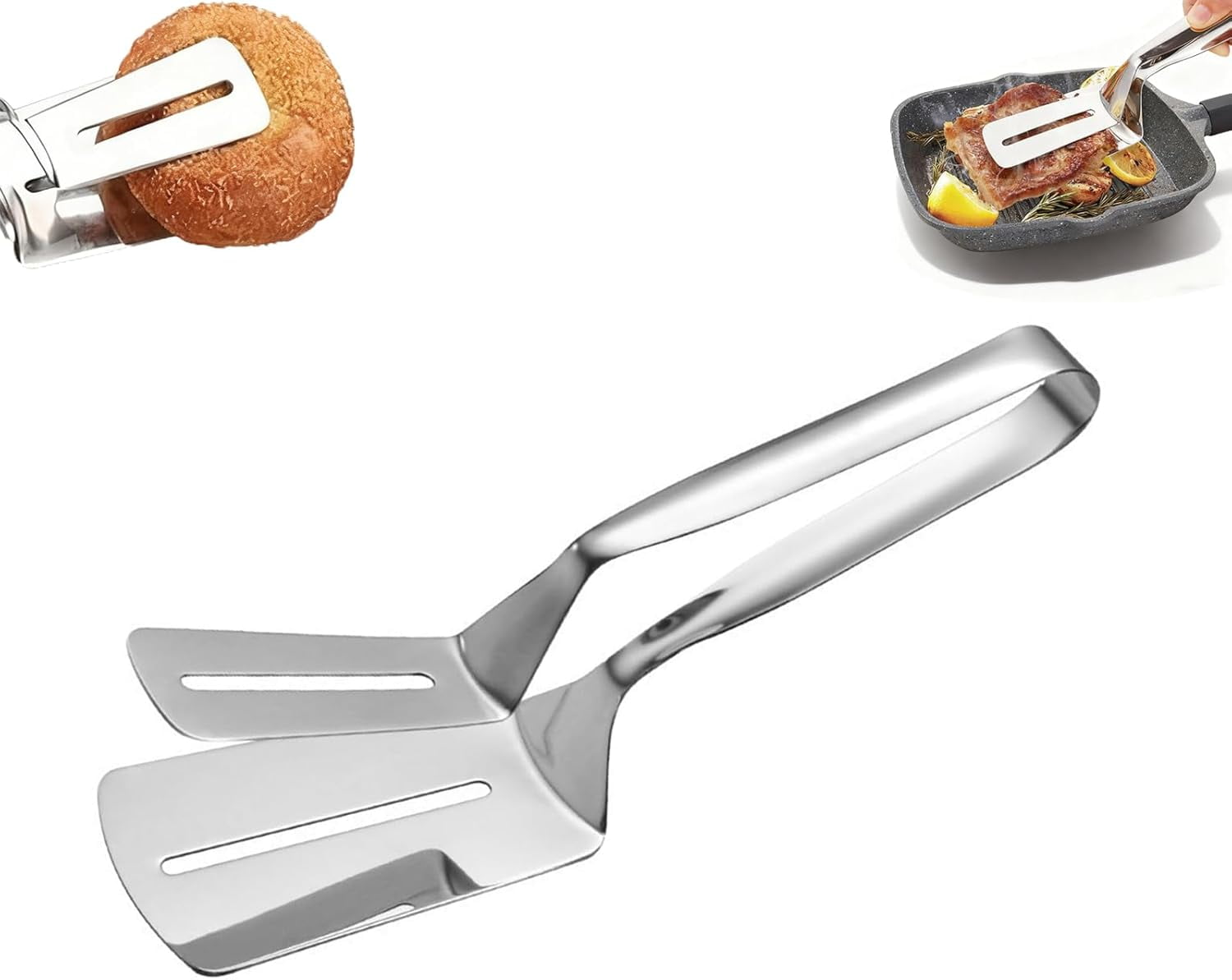 Stainless Steel Grill Clamp, 10 Inch Anti-Scald Extended Handle Spatula Tongs and Multifunctional Food Flip Shovel Clip for Flipping Steak, Fish, Bread, BBQ, Pizza